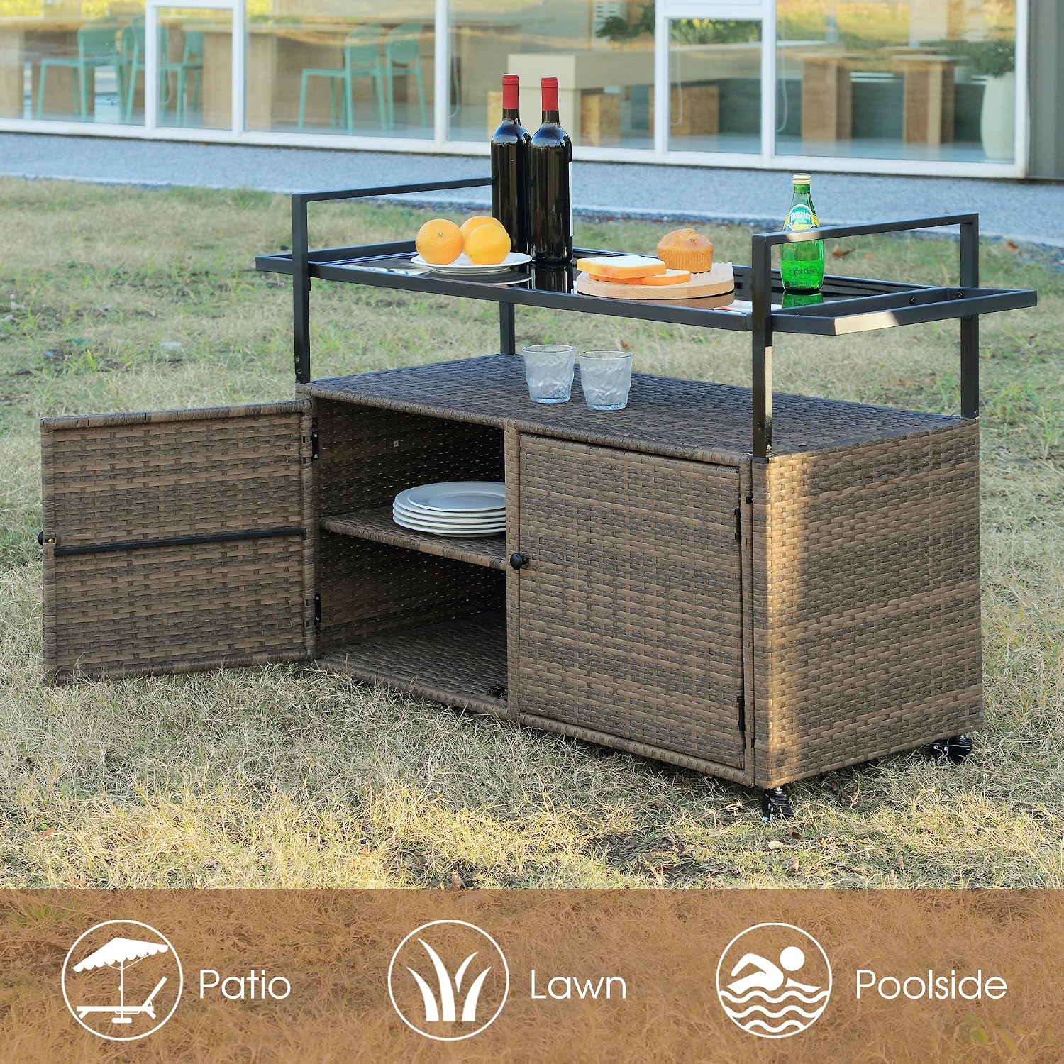 HOMEFUN Outdoor Bar Cart Table - Patio Console Storage Cabinet BBQ Grill Carts Buffet with Wheels Waterproof Wicker Serving Tables for Outside, Brown