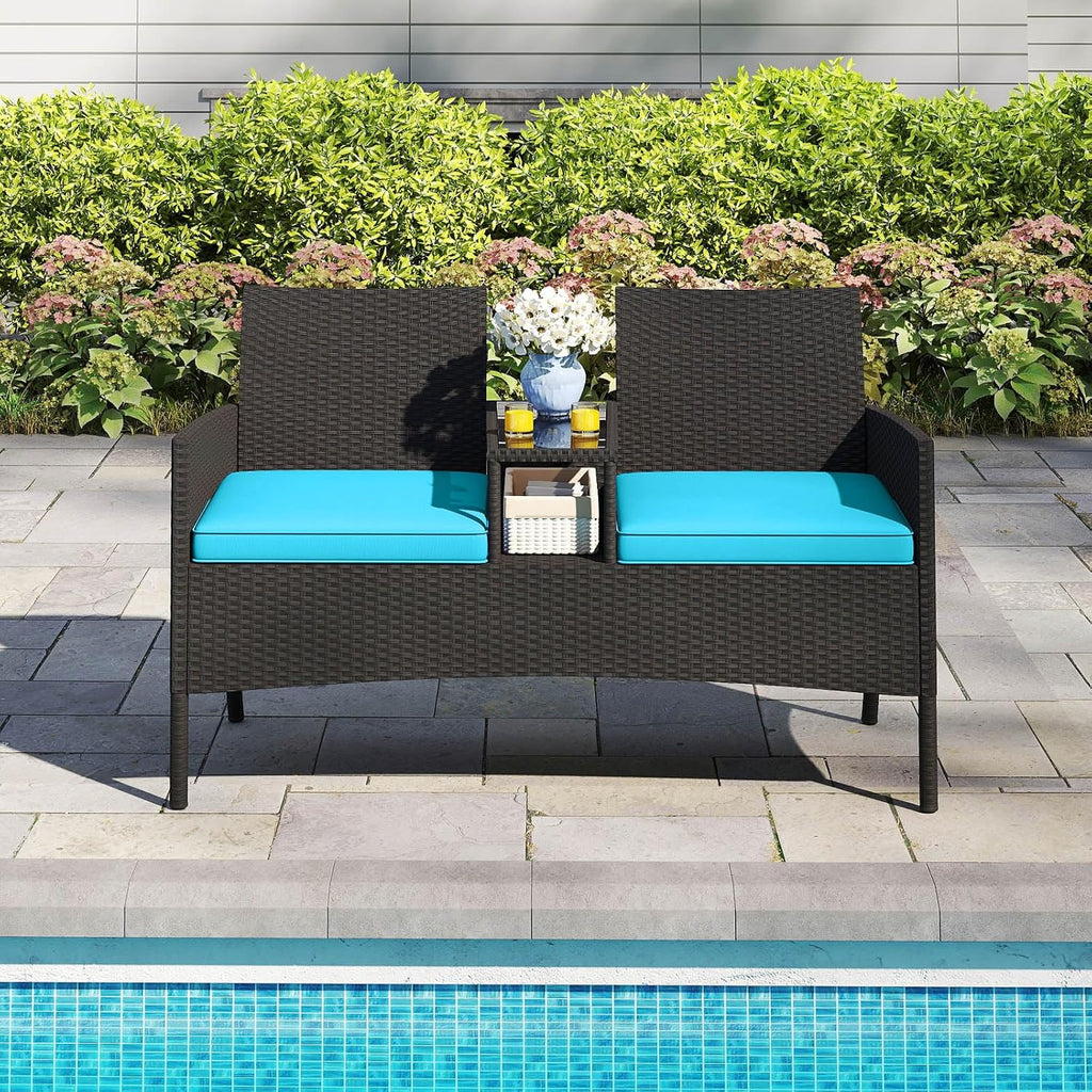 Tangkula Patio Loveseat with Built-in Table, Wicker 2-Seat Furniture with Soft Cushions & Tempered Glass Tabletop, Metal Frame Outdoor Conversation Seating Bench for Backyard, Porch