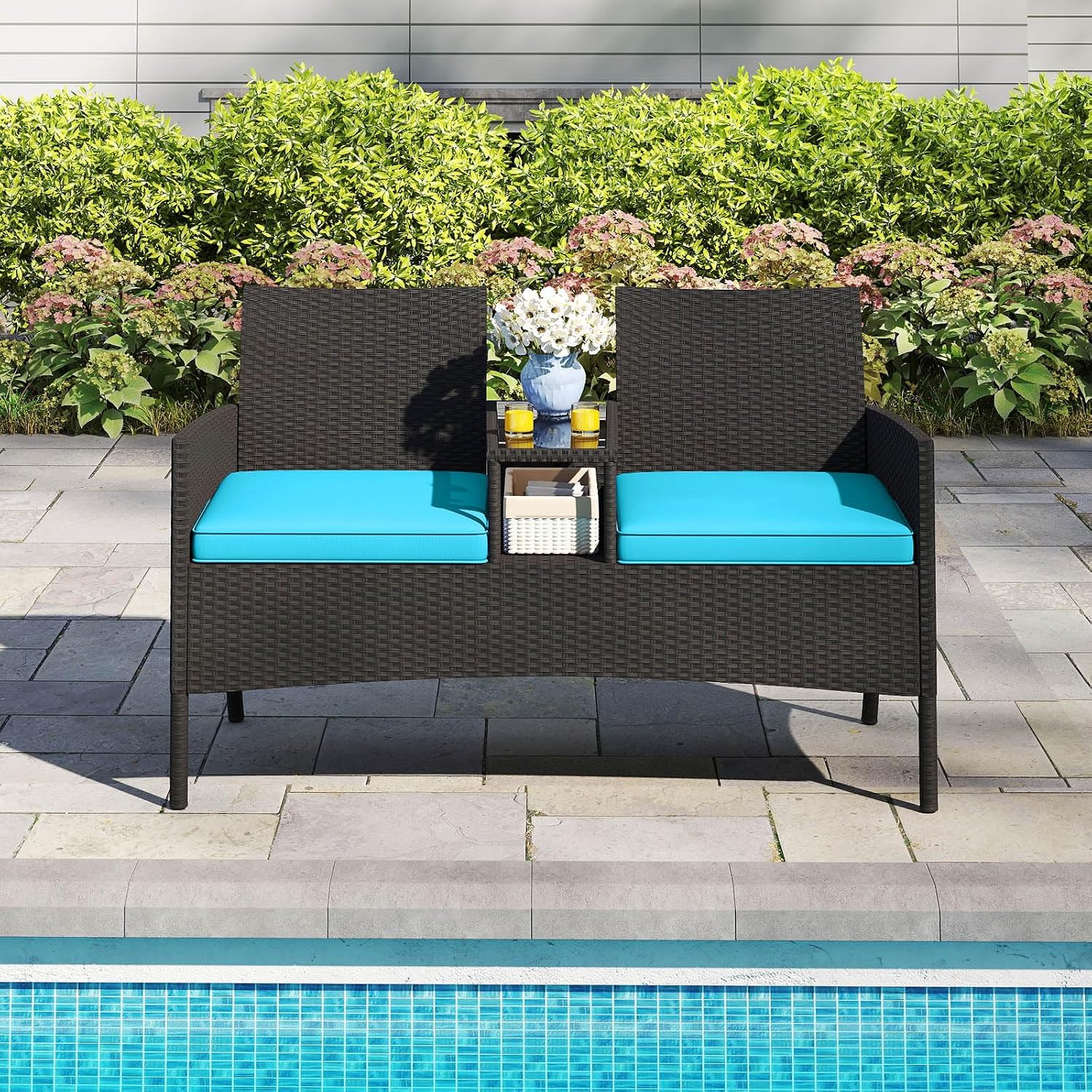 Tangkula Patio Loveseat with Built-in Table, Wicker 2-Seat Furniture with Soft Cushions & Tempered Glass Tabletop, Metal Frame Outdoor Conversation Seating Bench for Backyard, Porch