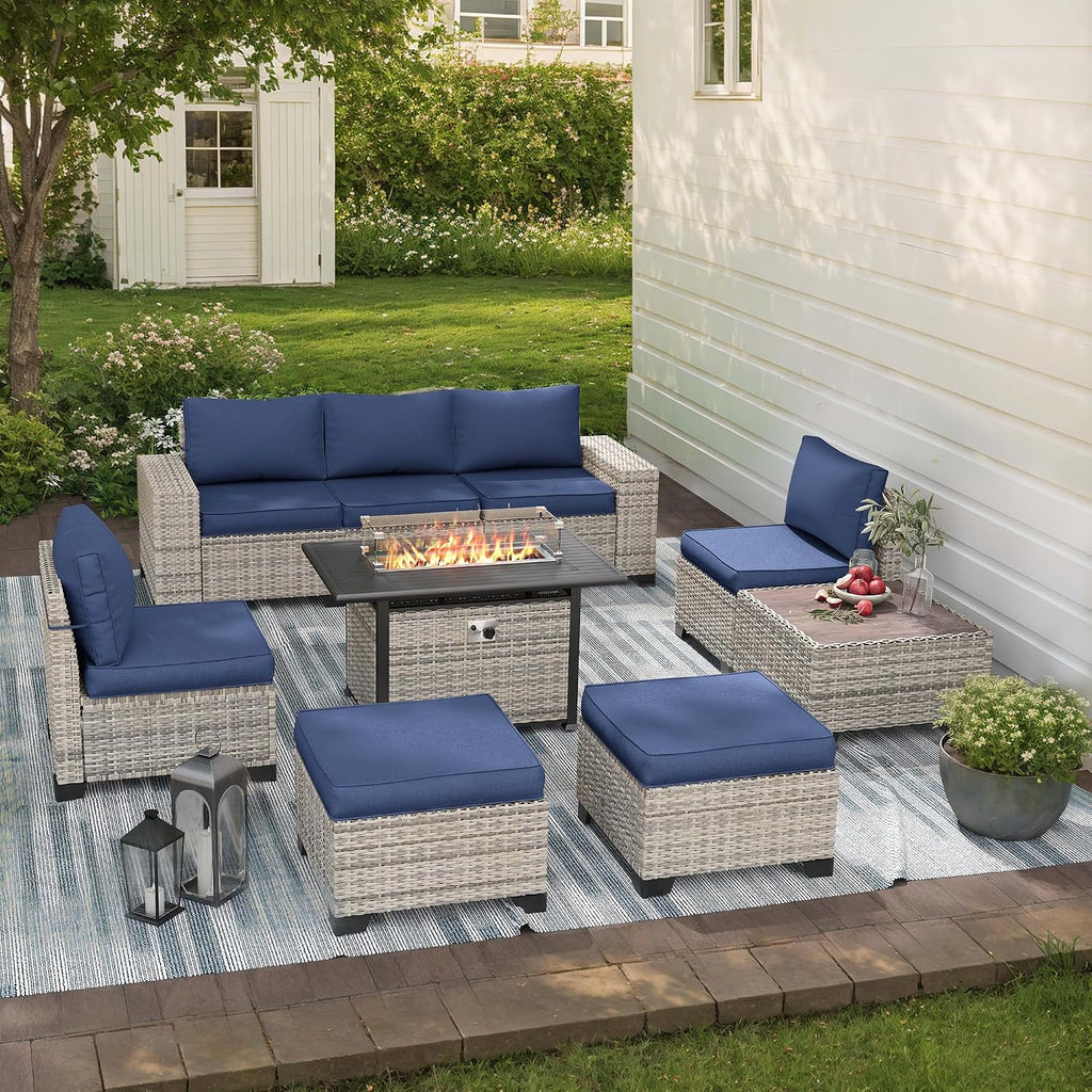 9-Piece Outdoor Patio Furniture Set with 55,000 BTU Fire Pit Table, PE Wicker Rattan Sectional Sofa Patio Conversation Set with Ottomans & Coffee Table, Dark Blue