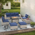 9-Piece Outdoor Patio Furniture Set with 55,000 BTU Fire Pit Table, PE Wicker Rattan Sectional Sofa Patio Conversation Set with Ottomans & Coffee Table, Dark Blue