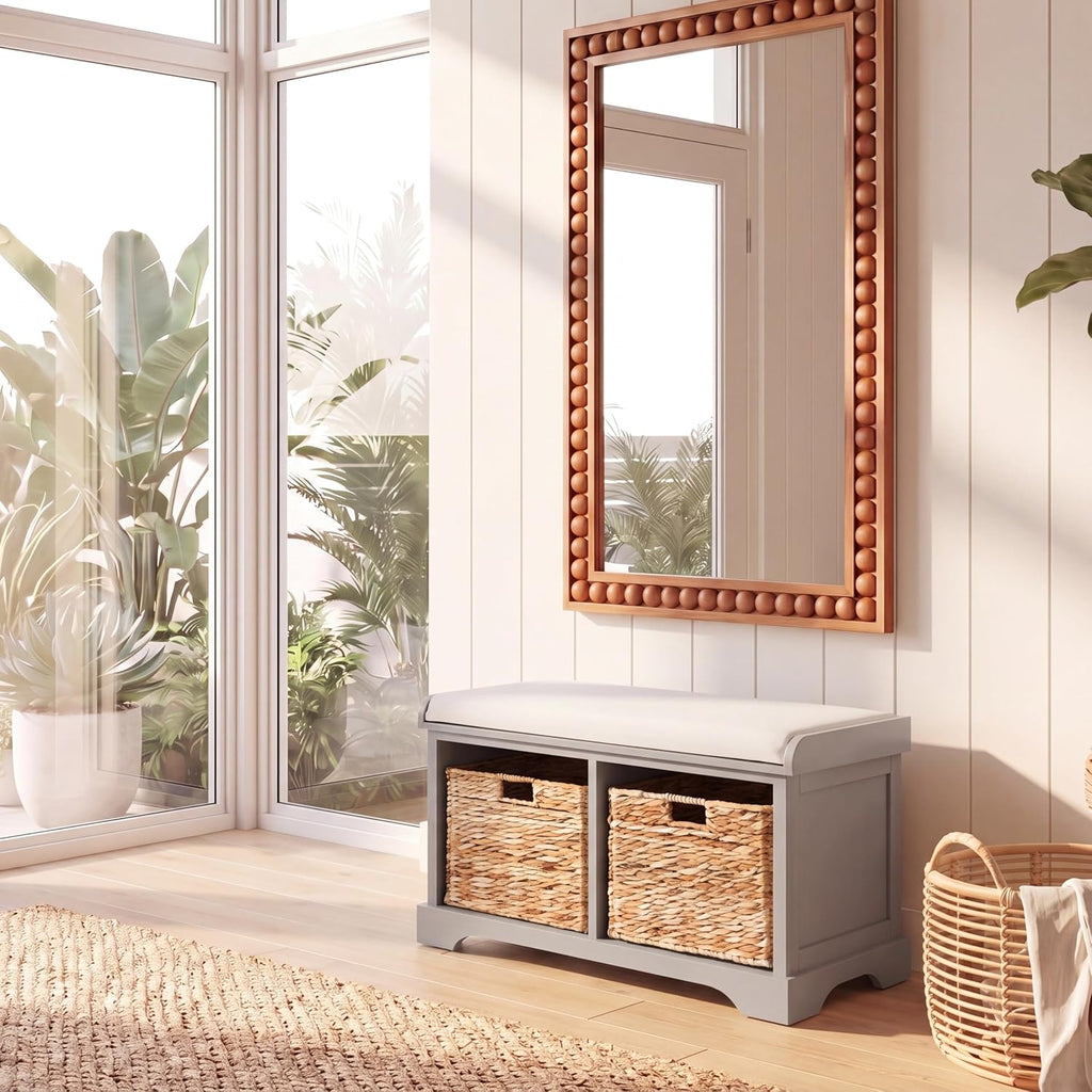 SAFAVIEH Home Collection – Freddy Vintage Grey Storage Bench with Wicker Baskets & Cushion, Entryway Seating Bench, Fully Assembled (AMH5736F)