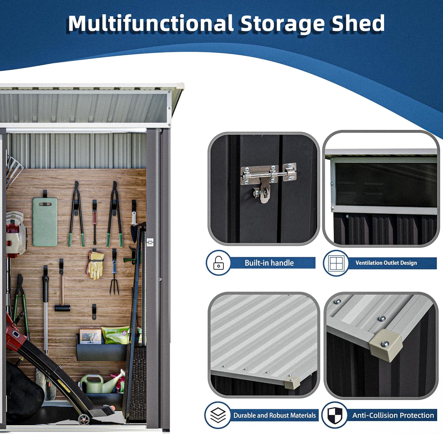 JY QAQA 5x3 FT Outdoor Garden Storage Shed, Waterproof Metal Garden Sheds with Window and Lockable Double Door, Weather Resistant Steel Tool Storage House Shed for Patio, Lawn Dark Gray