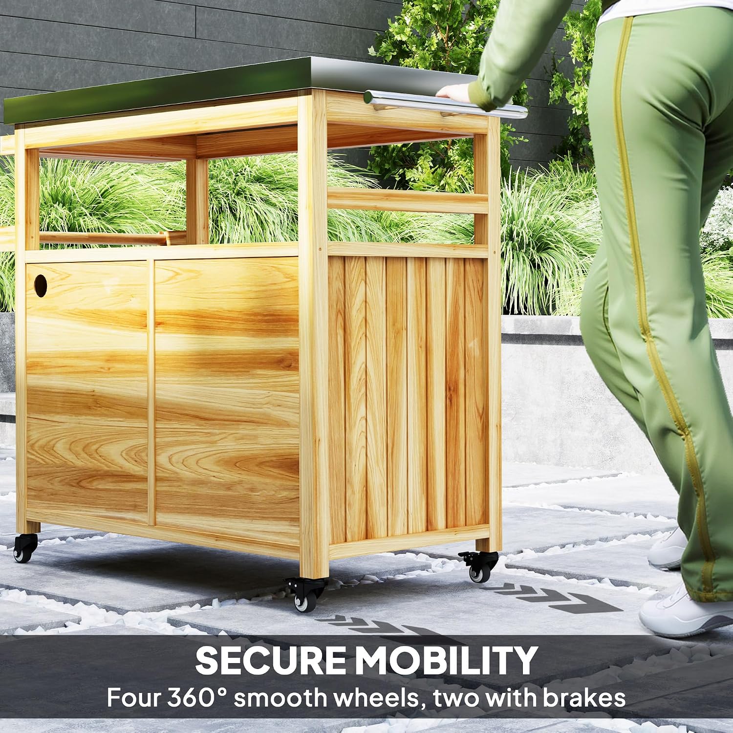 Outsunny Outdoor Grill Cart with Wheels and Storage, Solid Wood Outdoor Kitchen Island with Stainless Steel Top, Movable Bar Cart with Spice Rack, Side Handle, Integrated Hole for BBQ, Natural Wood