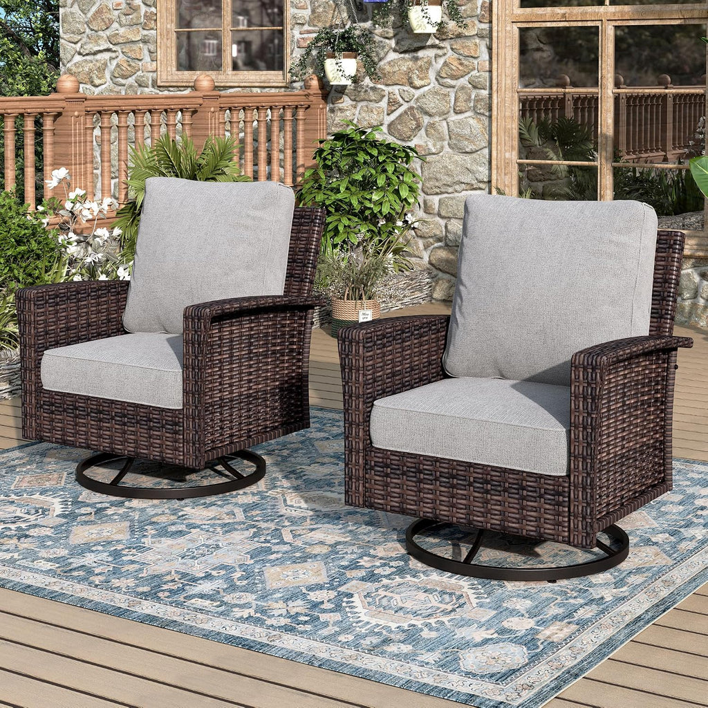 MIXPATIO Swivel Patio Wicker Chairs Set of 2, High Back Outdoor Swivel Patio Rattan Chairs with 5.5' Thick Cushions for Bistro Balcony Porch Deck and Yard, Light Grey