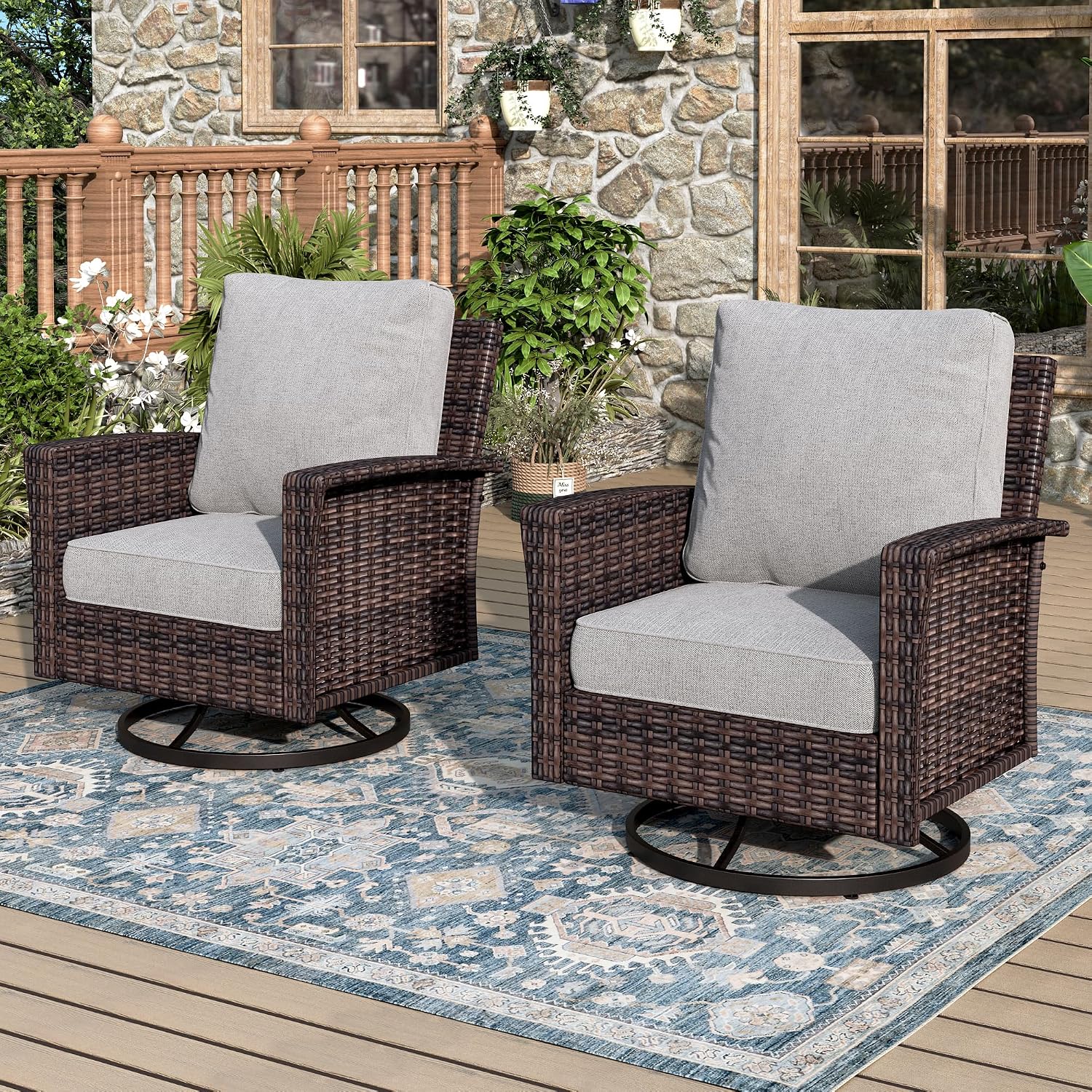 MIXPATIO Swivel Patio Wicker Chairs Set of 2, High Back Outdoor Swivel Patio Rattan Chairs with 5.5' Thick Cushions for Bistro Balcony Porch Deck and Yard, Light Grey