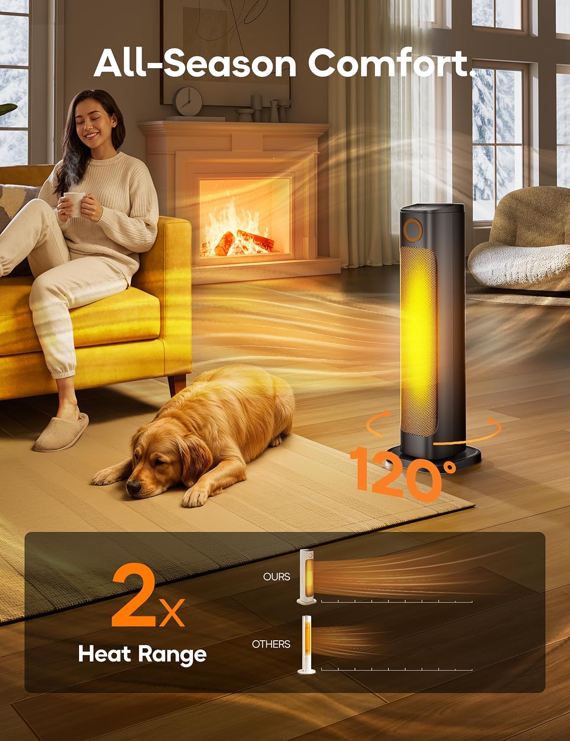 Patio Heater And Fan Combo for Indoor Use, 1500W Tower Portable Electric Space Outdoor with Remote,Infrared Heater, 15H Timer, Oscillation, Quiet, for Garage, Room, Office BLACK