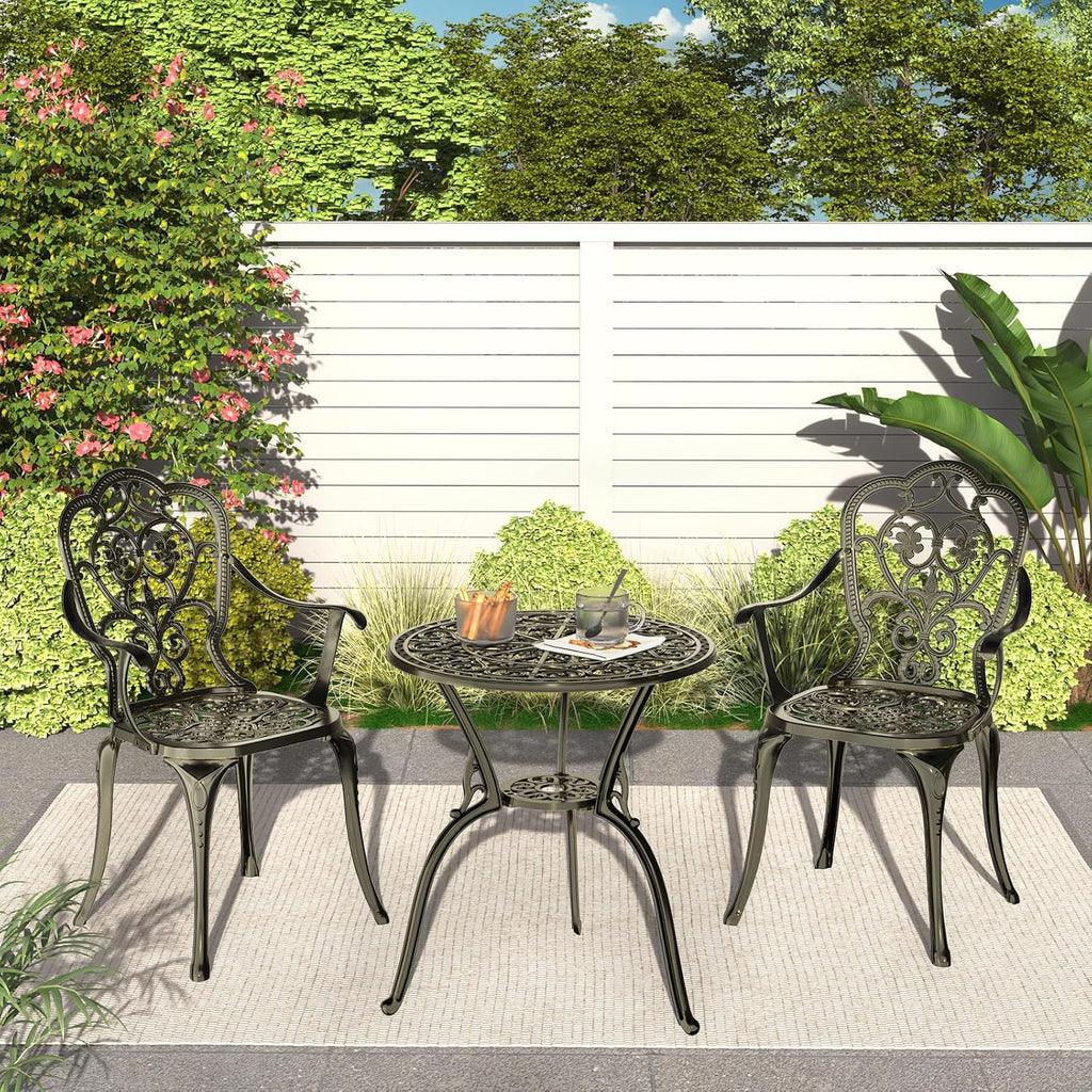Patio Bistro Set of 2, Cast Aluminum, Outdoor Set w/Umbrella Hole, 3 Piece Table and Chairs Set, Bistro Set for Backyard/Garden/Lawn, Golden Bronze