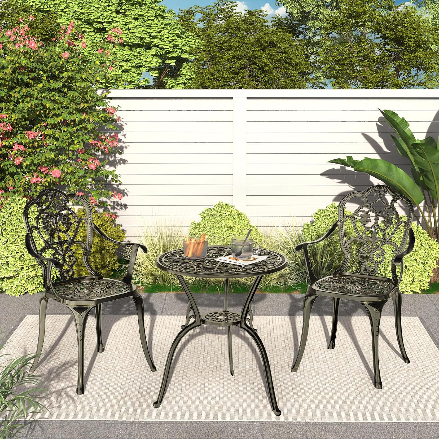 Patio Bistro Set of 2, Cast Aluminum, Outdoor Set w/Umbrella Hole, 3 Piece Table and Chairs Set, Bistro Set for Backyard/Garden/Lawn, Golden Bronze