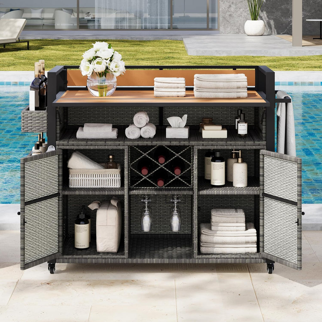 Merax 52.8' W Wicker Outdoor Grill Cart with Extended Plastic Wood Table Top, Rolling Kitchen Island on Wheels with Storage Cabinet, for Patio Backyard Garden Poolside, Double Handle Design, Grey