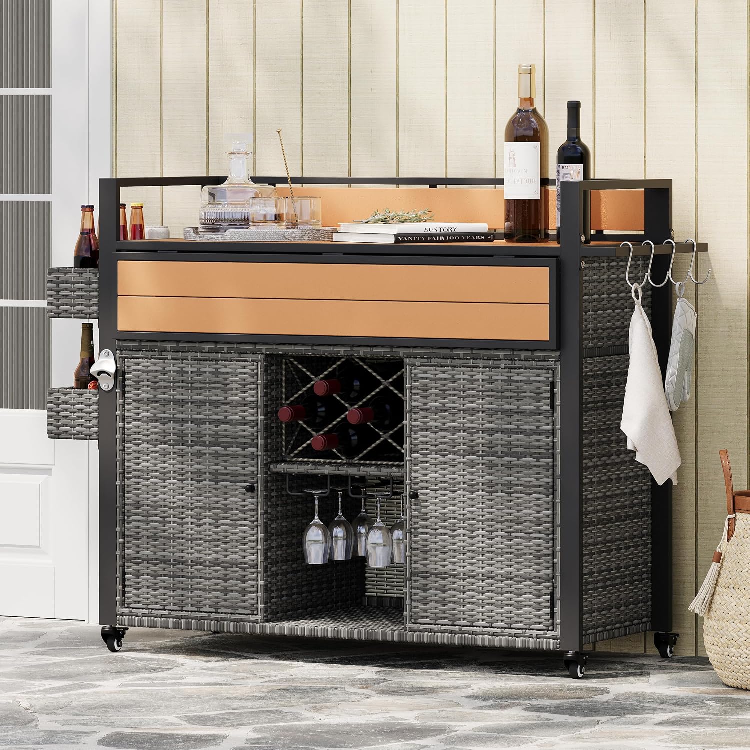 Merax 52.8' W Wicker Outdoor Grill Cart with Extended Plastic Wood Table Top, Rolling Kitchen Island on Wheels with Storage Cabinet, for Patio Backyard Garden Poolside, Double Handle Design, Grey