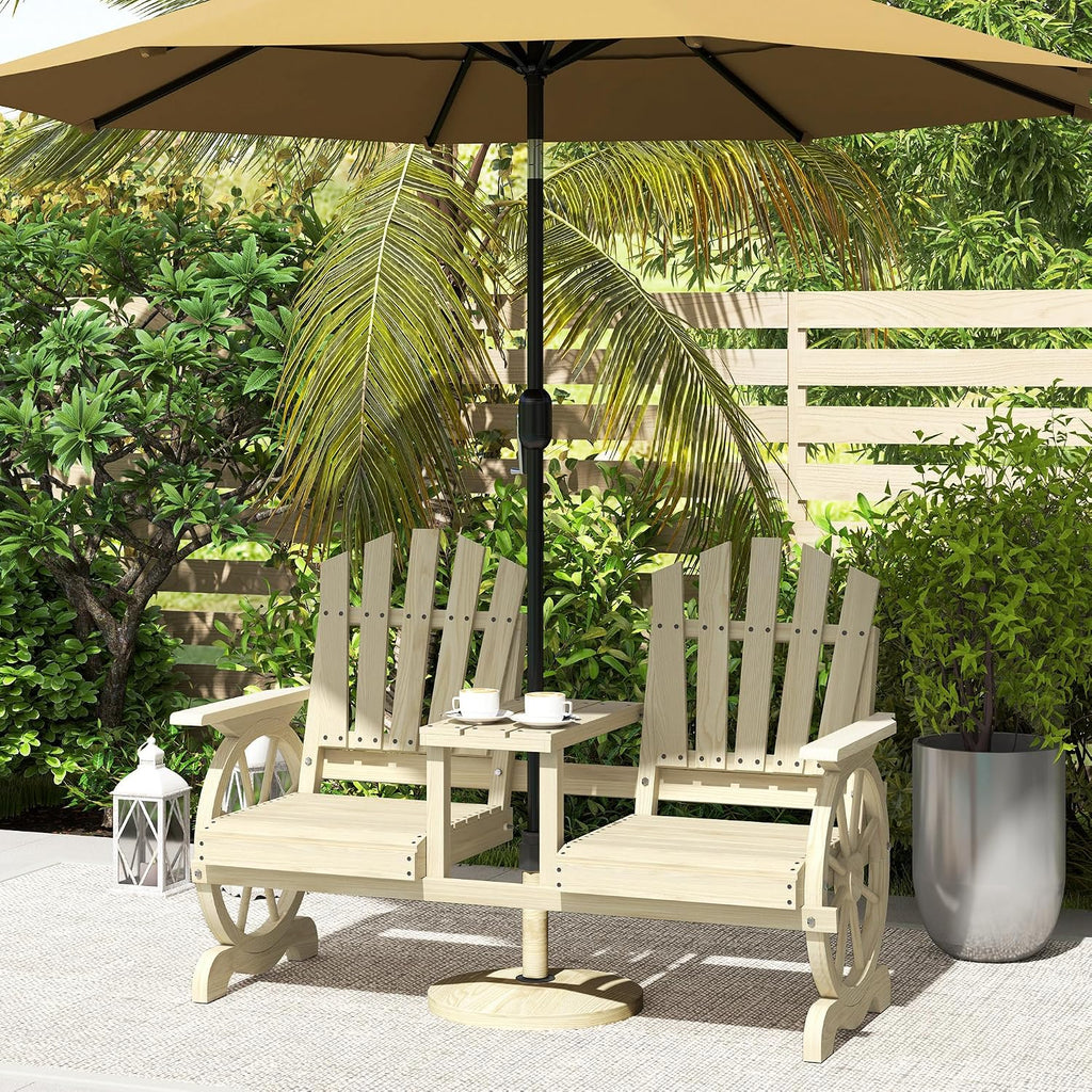 Outsunny Wooden Garden Bench with Table, Umbrella Hole, 2-Seater Wagon Wheel Outdoor Bench with Slatted Seat, High Backrest, Armrests for Backyard, Patio, Garden, Natural Wood