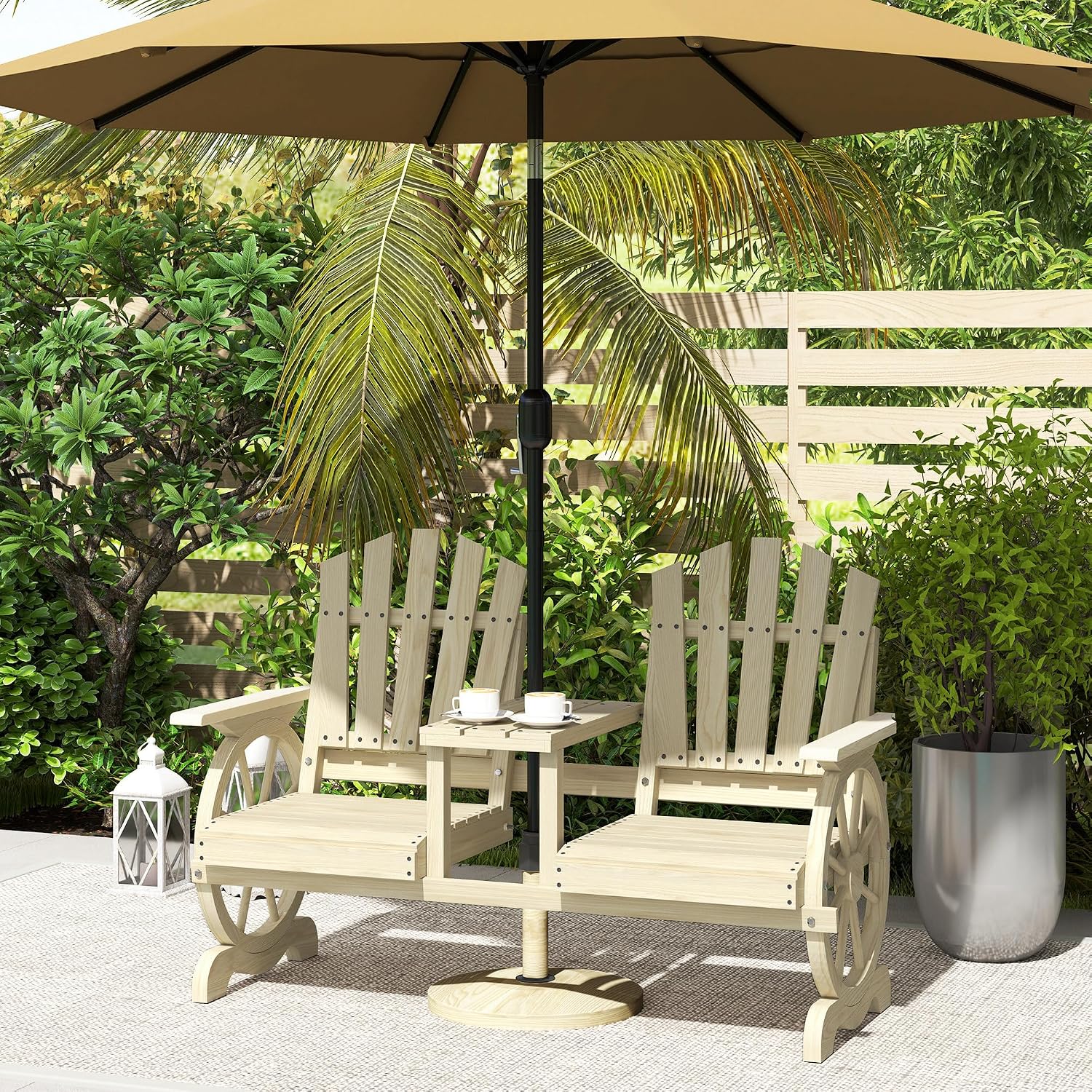 Outsunny Wooden Garden Bench with Table, Umbrella Hole, 2-Seater Wagon Wheel Outdoor Bench with Slatted Seat, High Backrest, Armrests for Backyard, Patio, Garden, Natural Wood