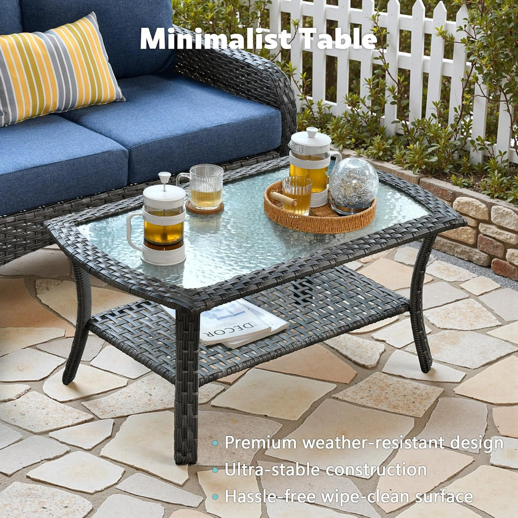 CAODOC 4-Piece Wicker Patio Furniture Set, All-Weather Rattan Conversation Bistro Loveseat Chair and Table Set for Backyard, Balcony and Deck with Soft Cushions and Metal Table(Blue)