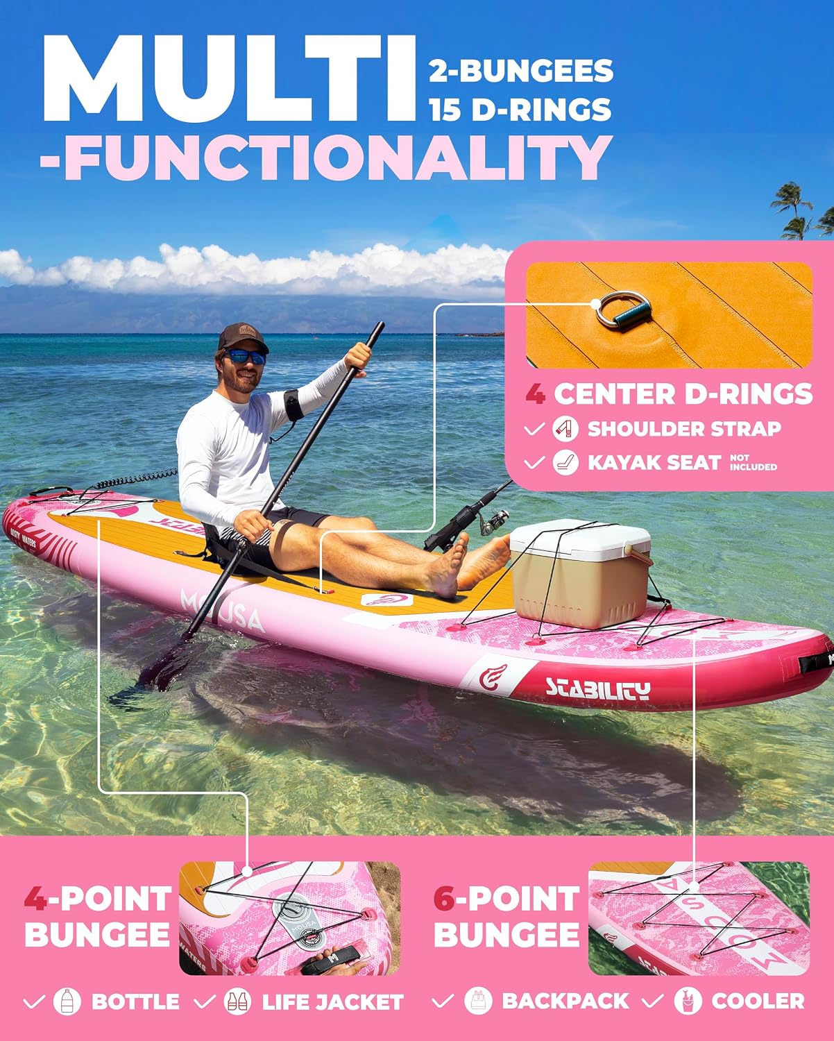 MOUSA 10'8/11'×35' Extra Wide Inflatable Stand Up Paddle Board, Stable Paddleboard SUP for 2 People/Family, Anti-Slip Full EVA Deck, 3 Handles, 100L Backpack, All-Round Sup Board, Big Fin
