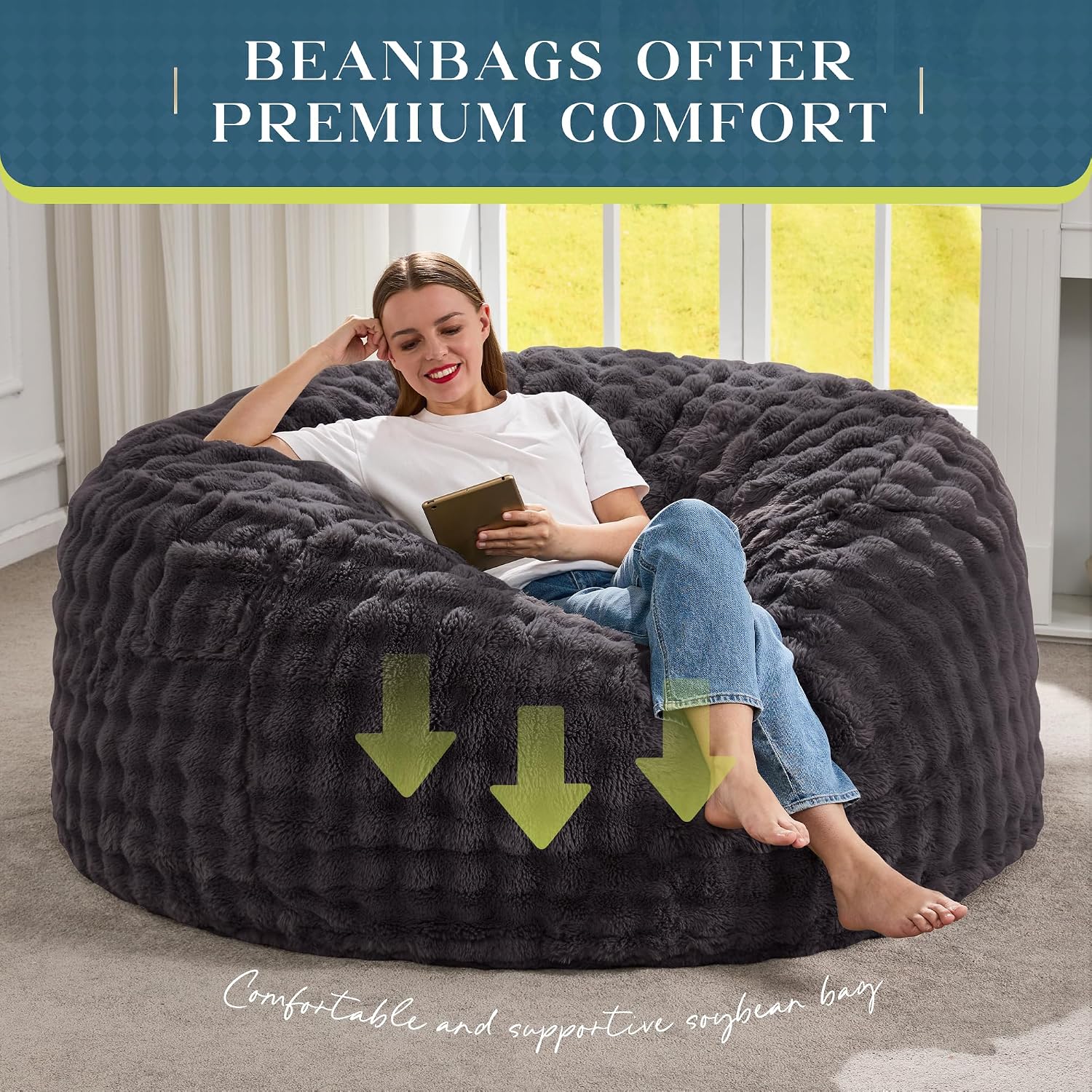 Hobestluk Bean Bag Chairs Beanbag Chair with Filler Adult Bean Bags with Fluffy & Machine Washable Cover, Giant Bean Bag Chairs for Aduts (Dark Grey, 5FT-50' x 50' x 24')