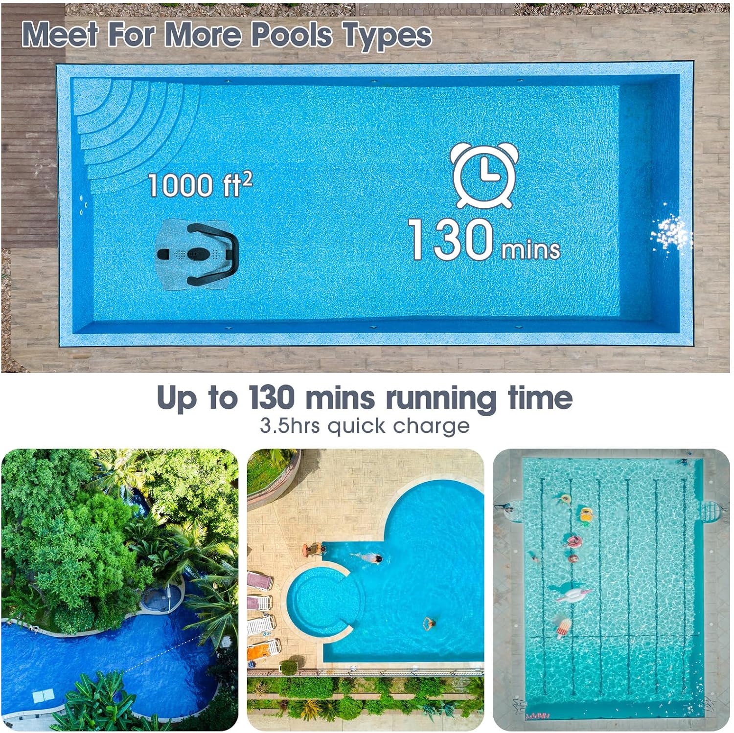 Robotic Pool Cleaner,Up to 1076 Sq.ft,Lasts 130 Mins,SYANSPAN Cordless Pool Vacuum for Above Ground Pool,Powerful Suction Dual-Drive Motors,Pool Robot Vacuum Self-Parking Technology (120mins)