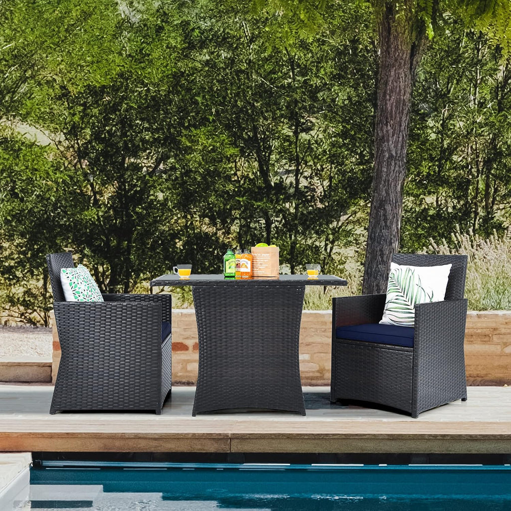 DORTALA Wicker Patio Bistro Set 3 Piece, Outdoor Table and Chairs with Tempered Glass Tabletop, Cushions, Small Rattan Furniture Conversation Sofa Set for Balcony, Porch, Backyard, Deck, Navy
