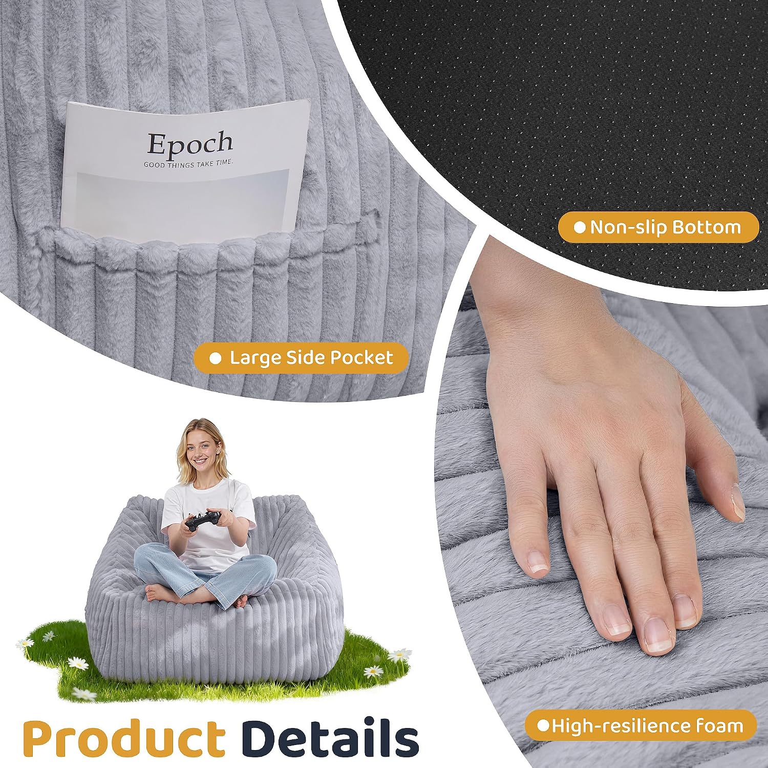 HABUTWAY Bean Bag Chair, Giant Bean Bag Chairs for Adults and Kids, Bean Bag Sofa, Lazy Floor Sofa, Faux Fur Beanbag Chair with Armrests for Living Room Bedroom (Grey)