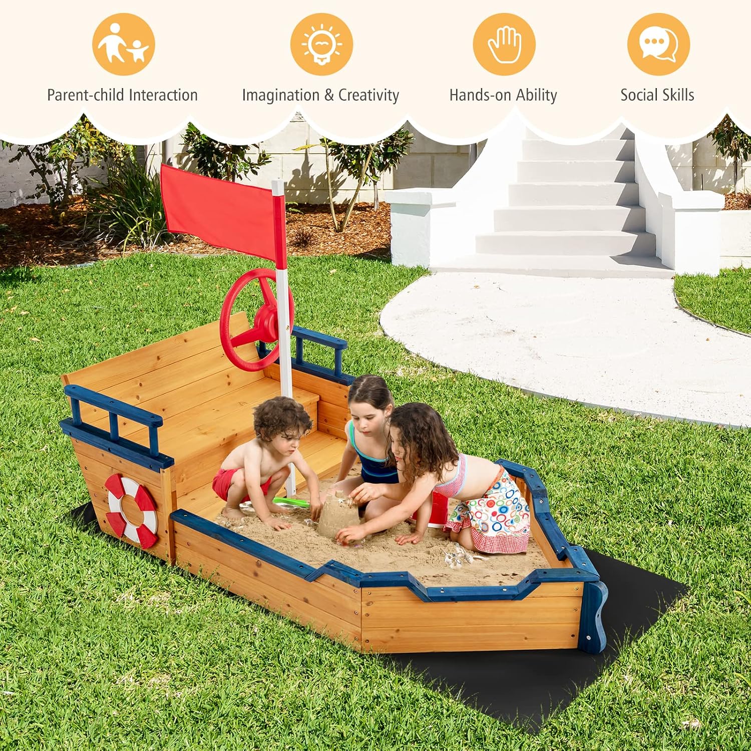 Costzon Pirate Boat Wood Sandbox for Kids, Wooden Pirate Sandpit w/Bench Seat, Storage Space, Ground Liner, Realistic Flag Rudder Buoy, Children Outdoor Playset for Backyard, Home, Lawn, Garden