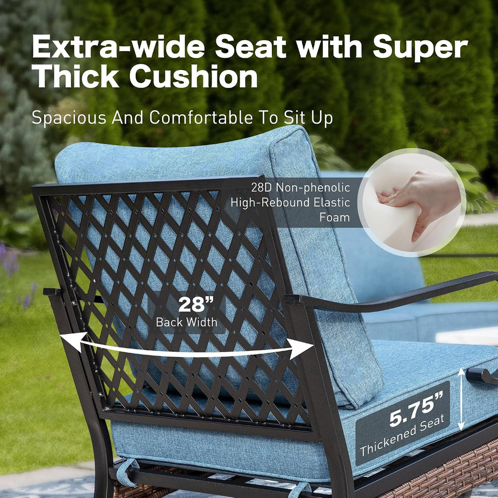 SUNSHINE VALLEY 4 Piece Metal Outdoor Patio Furniture Sets with Firepit Table, Patio Conversation Sets 1 3-Seater Sofa, 2 Swivel Sofa with 5.75' Thick Cushion Backyard Furniture for Deck, Denim Blue