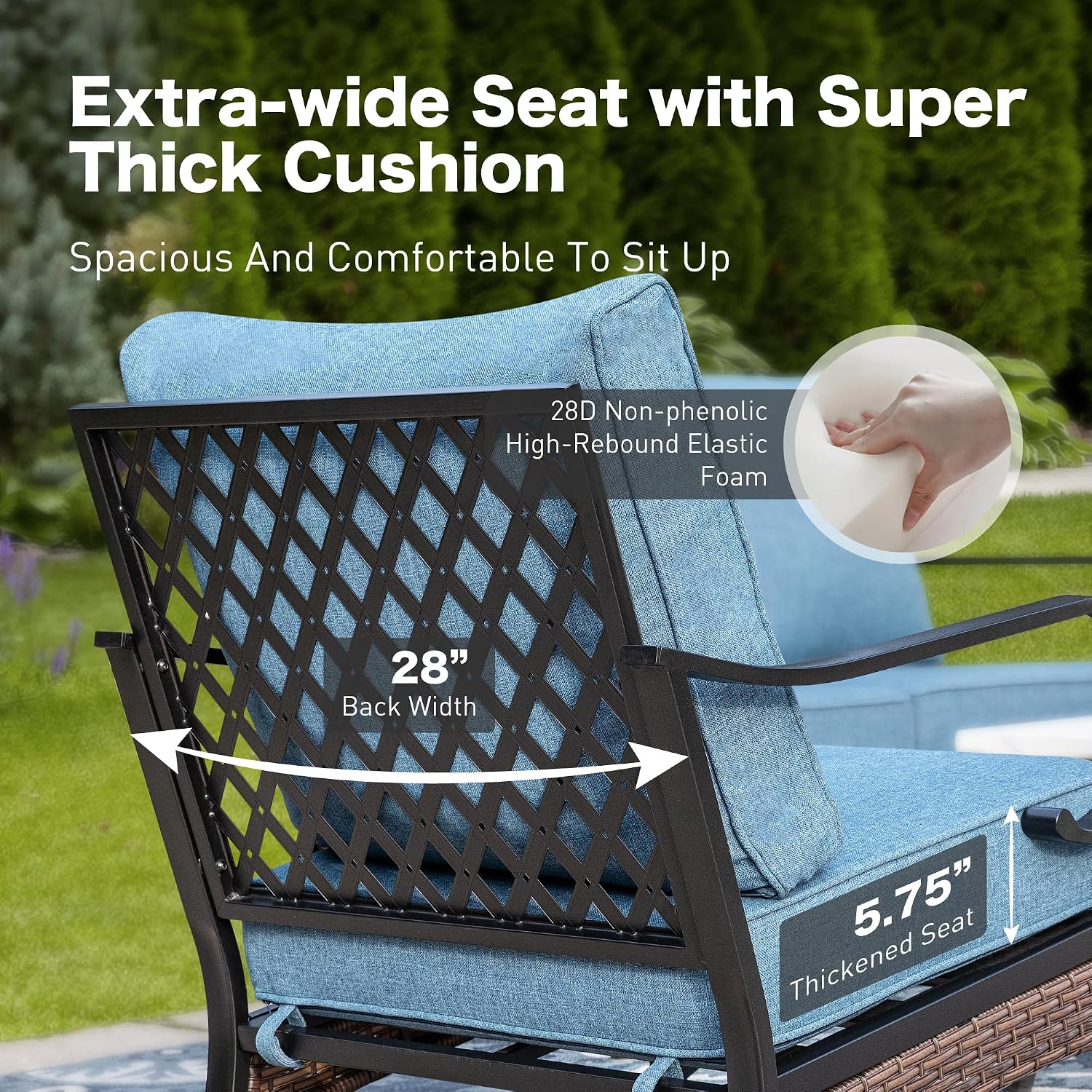 SUNSHINE VALLEY 4 Piece Metal Outdoor Patio Furniture Sets with Firepit Table, Patio Conversation Sets 1 3-Seater Sofa, 2 Swivel Sofa with 5.75' Thick Cushion Backyard Furniture for Deck, Denim Blue