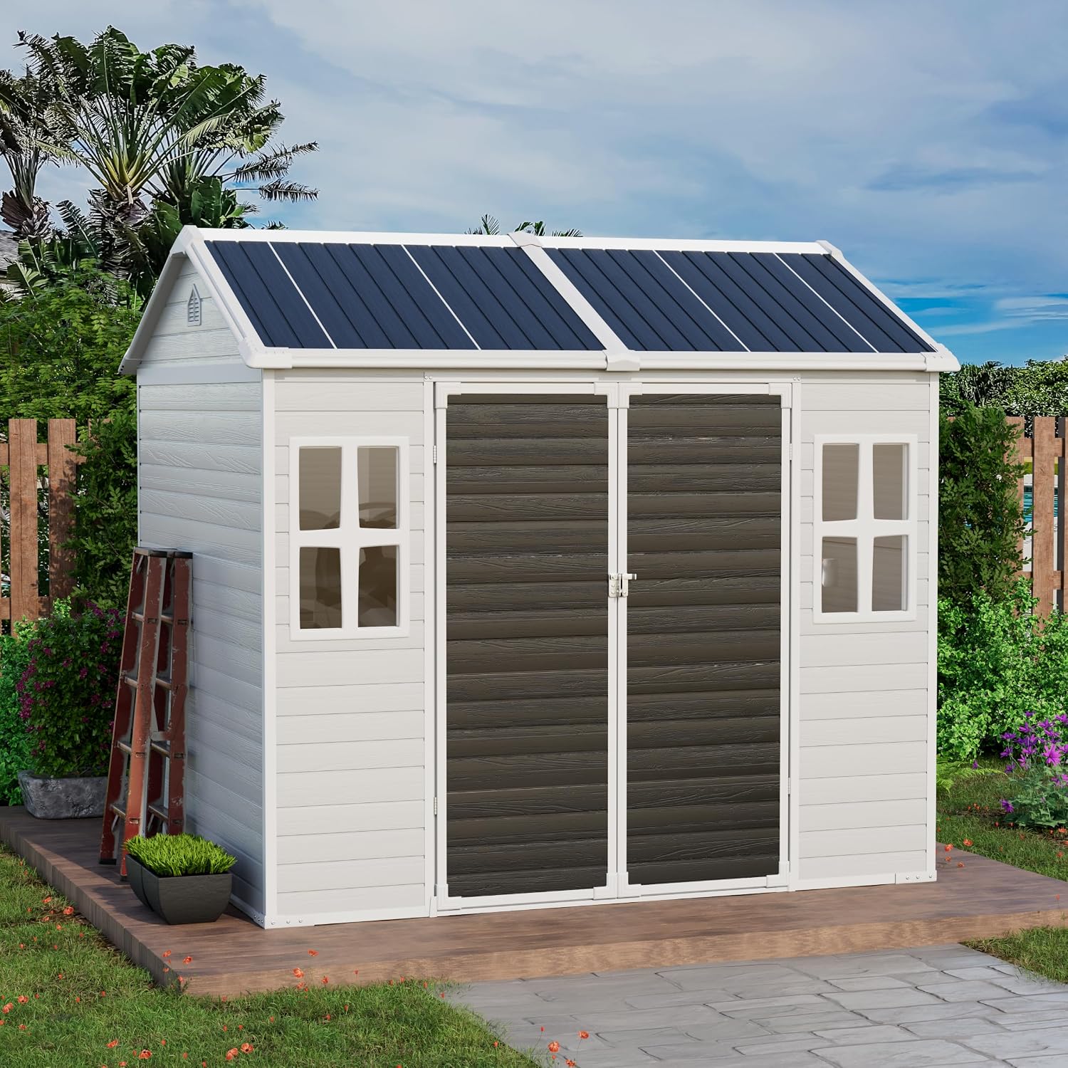 8x6 FT Plastic Storage Sheds Outdoor with Floor and Window, Utility All-Weather Resin Shed Easy to Install, Large Sheds & Outdoor Storage/Tool Shed for Garden Backyard Patio, Gray