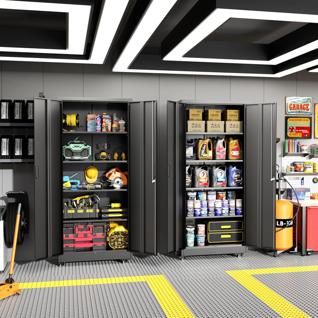 Greenvelly Metal Storage Cabinet with 4 Swivel Wheels,73' H Black Garage Storage Cabinet with Wheels, Rolling Tool Cabinet with Locking Doors and Shelves for Home,Basement, Kitchen Pantry,Warehouse