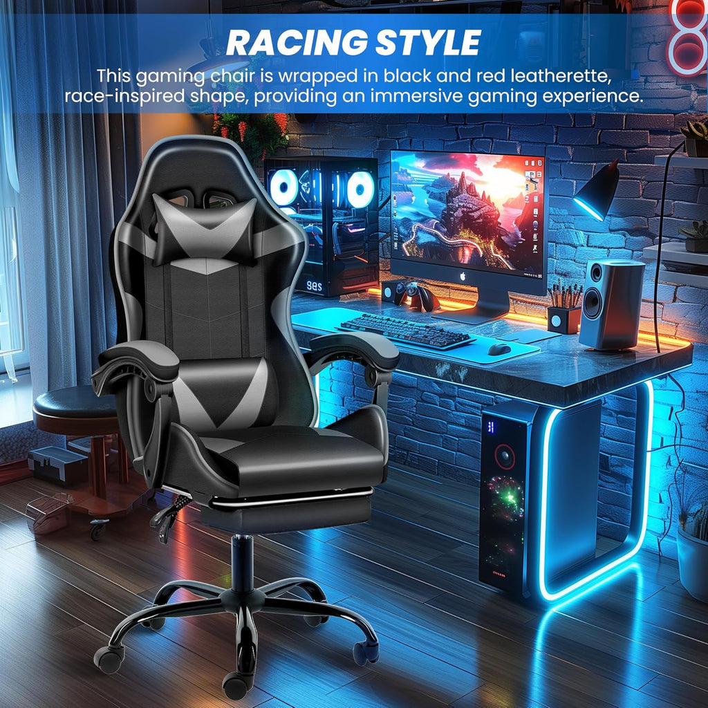 YSSOA Gaming Chair, Computer Chair with Footrest, Height Adjustable & 90°-135° Tilt Function, Swivel Recliner Ergonomic Racing Style Video Game Chair with Lumbar Support (Black/Grey)