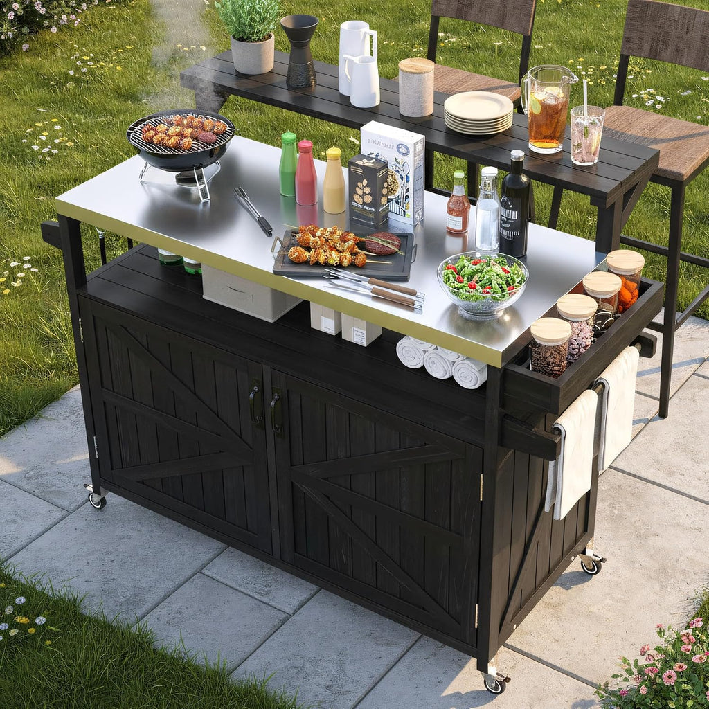 Merax 53.3' Outdoor Kitchen Island with Raised Shelf, Solid Wood Storage Cabinet with Stainless Steel Top, Rolling Grill Cart, Adjustable Shelf, Brown