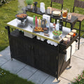 Merax 53.3' Outdoor Kitchen Island with Raised Shelf, Solid Wood Storage Cabinet with Stainless Steel Top, Rolling Grill Cart, Adjustable Shelf, Brown