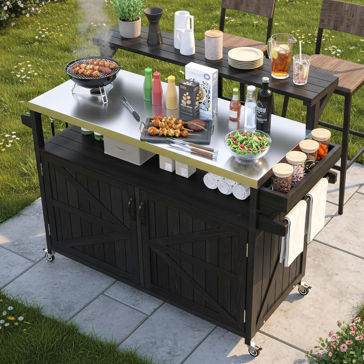 Merax 53.3' Outdoor Kitchen Island with Raised Shelf, Solid Wood Storage Cabinet with Stainless Steel Top, Rolling Grill Cart, Adjustable Shelf, Brown