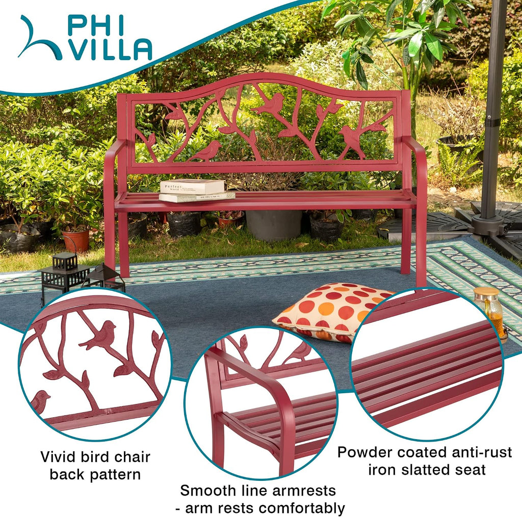 PHI VILLA Outdoor Patio 50' Metal Park Bench Red, Steel Frame Bench with Backrest and Armrests for Porch, Patio, Garden, Lawn, Balcony, Red Bird