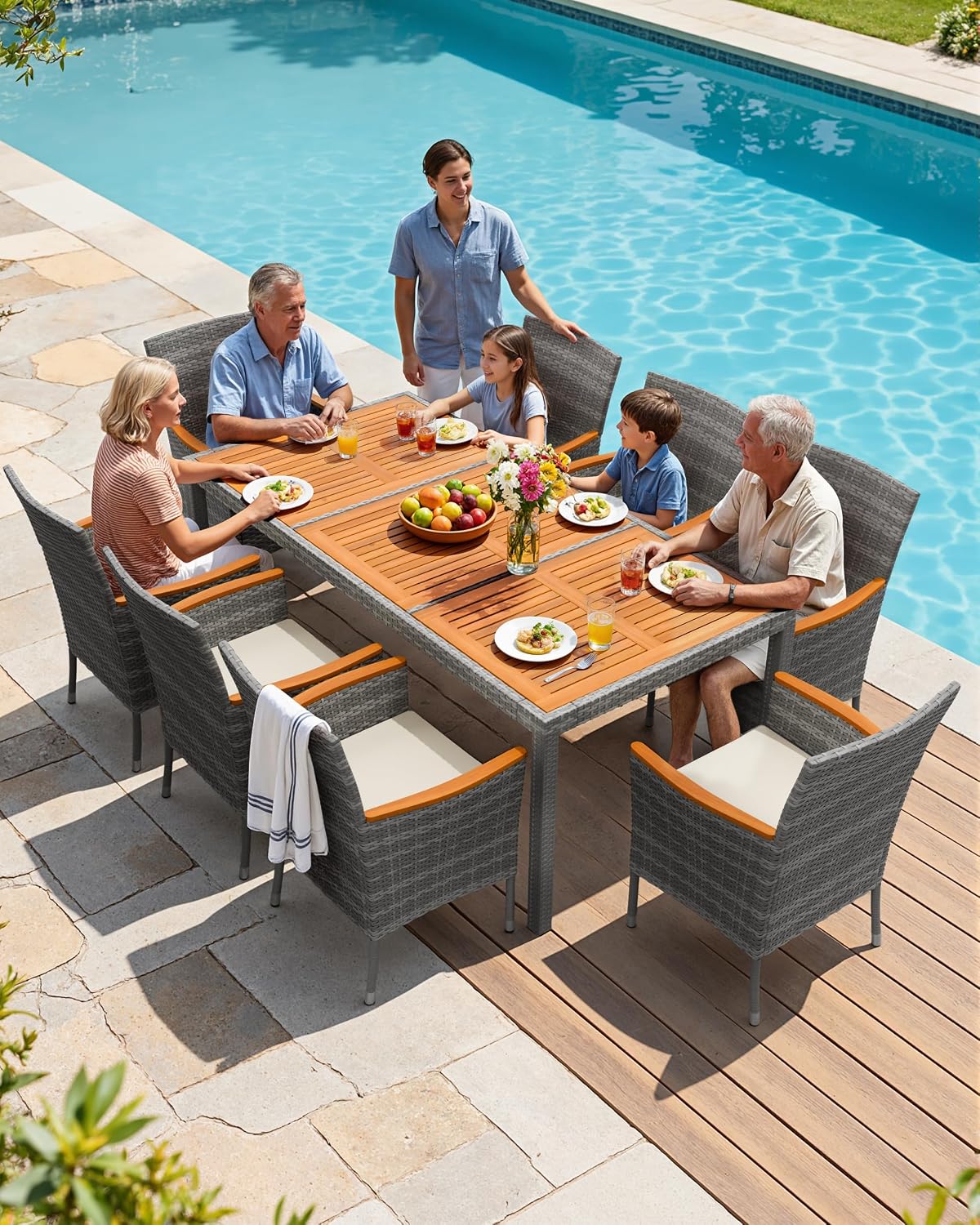 Flamaker 9 Piece Patio Dining Set Outdoor Acacia Wood Table and Chairs with Soft Cushions Wicker Patio Furniture for Deck, Backyard, Garden (Grey)
