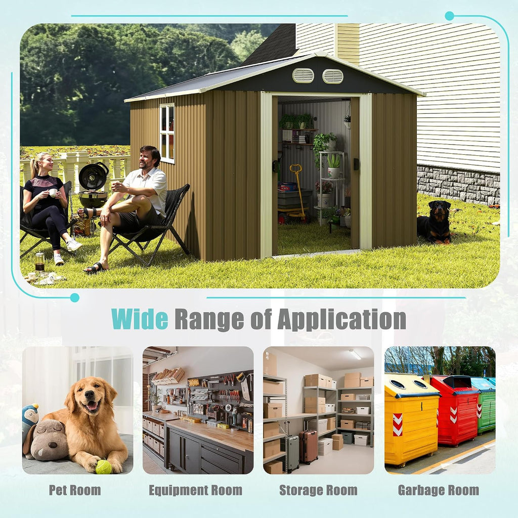 KEIKI 8x12 FT Heavy-Duty Outdoor Storage Shed, Metal Shed with Reinforced Frame, Lockable Doors & Air Vents, Weatherproof Garden Tool Shed for Backyard, Brown