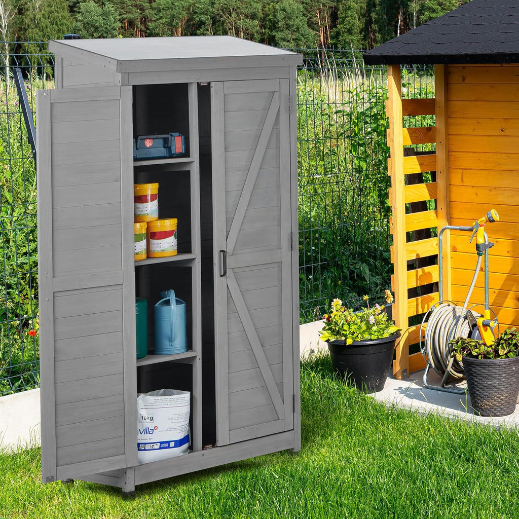 Outdoor Storage Cabinet, 68' H Wood Tall Shed with Metal Top, Wooden Storage Shed with Large Storage Space for Patio, Garden, Backyard, Lawn, Grey