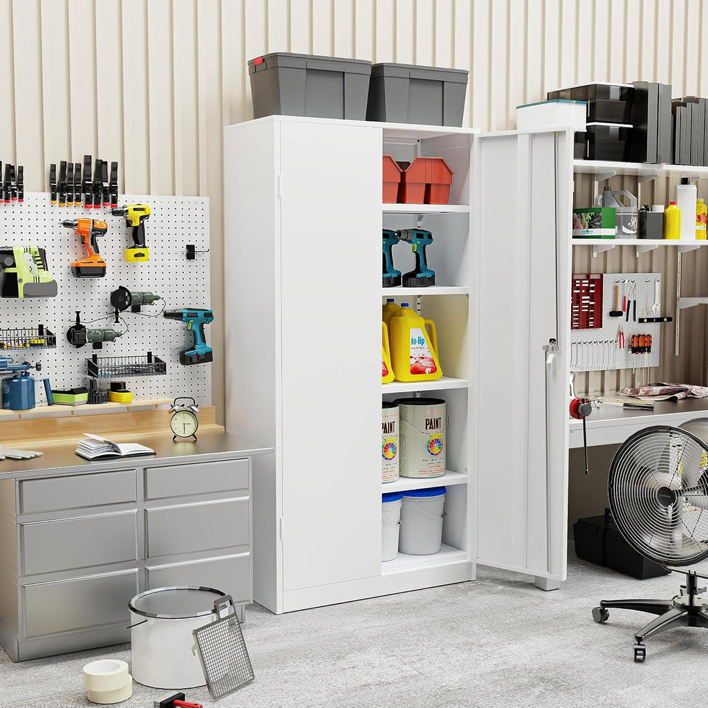SUNCROWN 72' Metal Storage Cabinet - Heavy-Duty Metal Garage Cabinet with 4 Adjustable Shelves & 2 Doors for Tools, Office, Home, Workshop,White