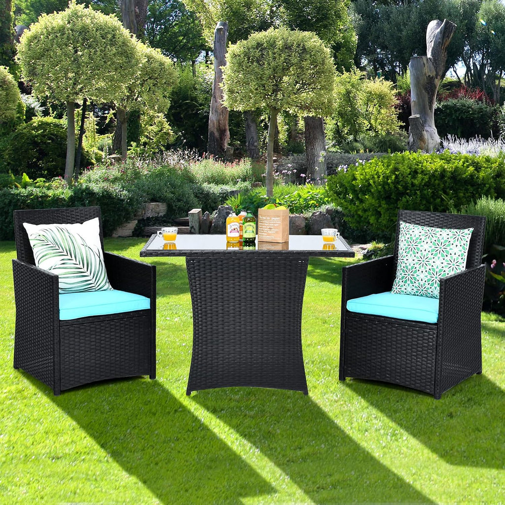 HAPPYGRILL 3 Piece Patio Furniture Set, Outdoor PE Rattan Wicker Bistro Set with Washable Cushions & Tempered Glass Table, for Backyard Porch Garden Balcony Poolside