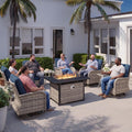 10Pcs Patio Rocking Swivel Chair with 55,000 BTU Fire Pit Table Outdoor Wicker Rattan Bistro Set with Tempered Glass Side Table, Outdoor Patio Furniture Set for Garden and Balcony, Blue