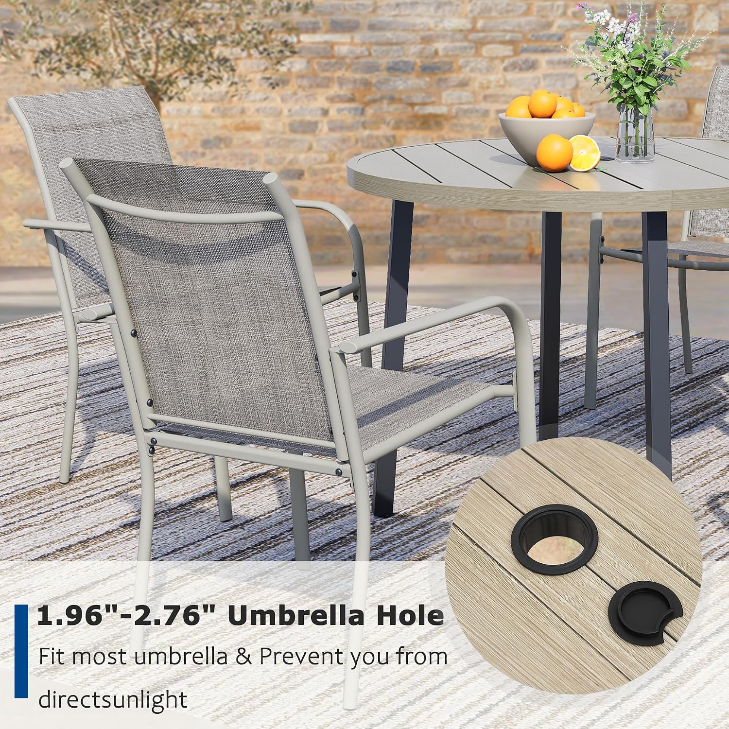 5 Pieces Patio Dining Set for 4, Grey Patio Stackable Chairs and Honey Oak Round Table Set of 4, Outdoor Furniture Set with Sling Support for Outside, Garden