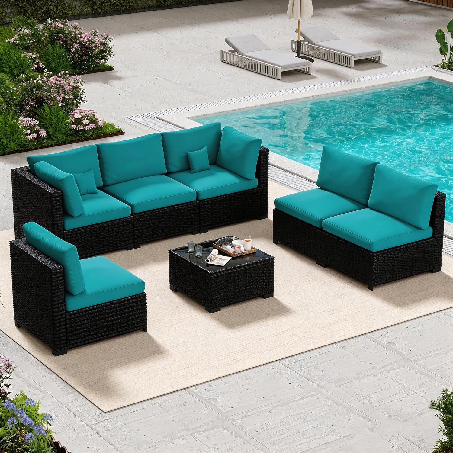 LHBcraft 7 Piece Patio Furniture Set, Outdoor Furniture Patio Sectional Sofa, All Weather PE Rattan Outdoor Sectional with Cushion and Coffee Table