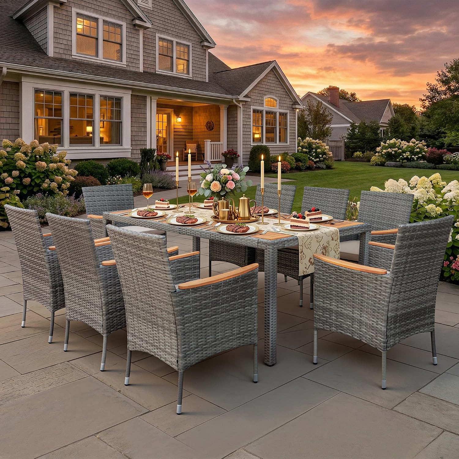 Greesum 9 Pieces Outdoor Patio Dining Set, Conversation Sets with 1 Table and 8 Rattan Chairs with Curved Acacia Wooden Armrests and Cushions, Grey