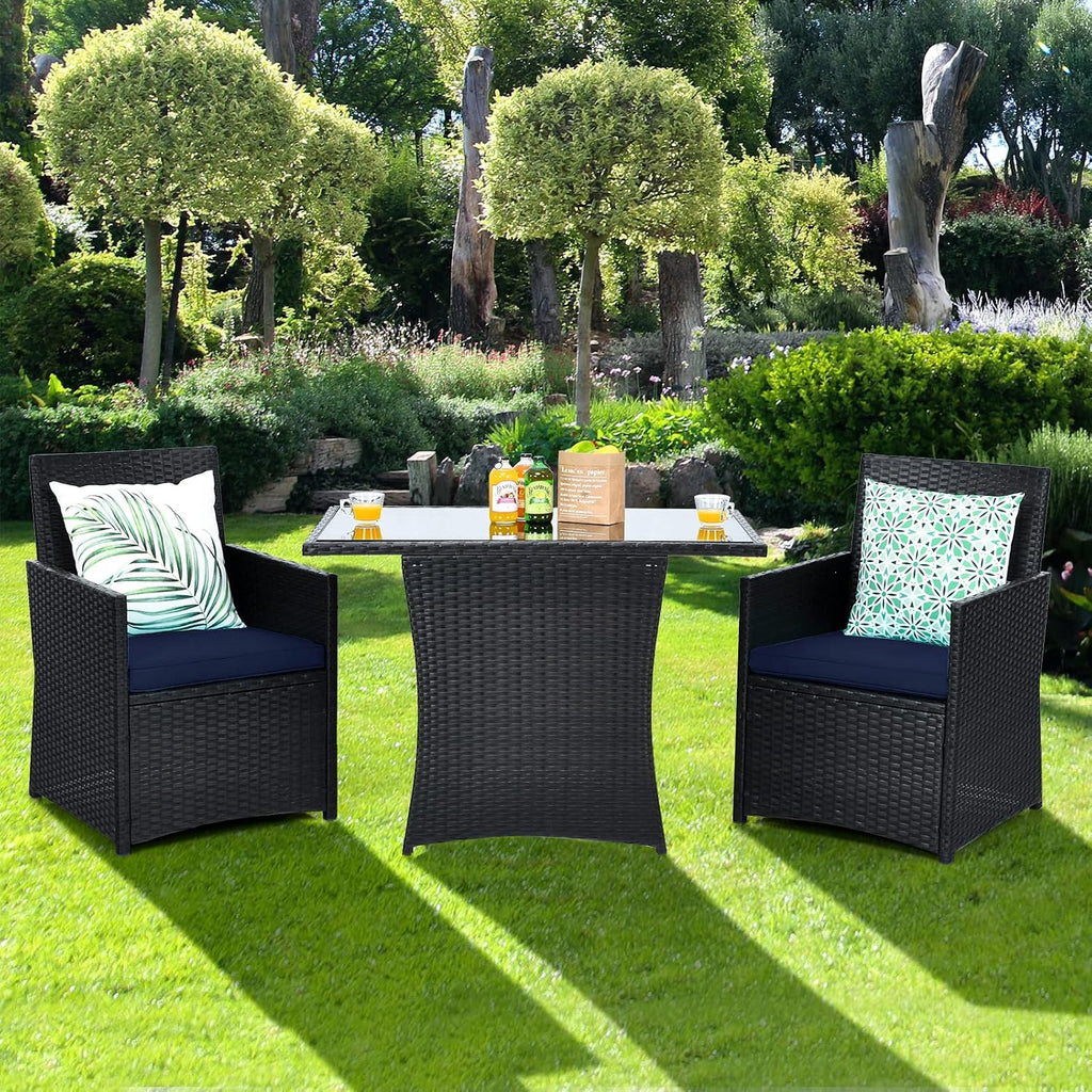 HAPPYGRILL 3 Piece Patio Furniture Set, Outdoor PE Rattan Wicker Bistro Set with Washable Cushions & Tempered Glass Table, for Backyard Porch Garden Balcony Poolside