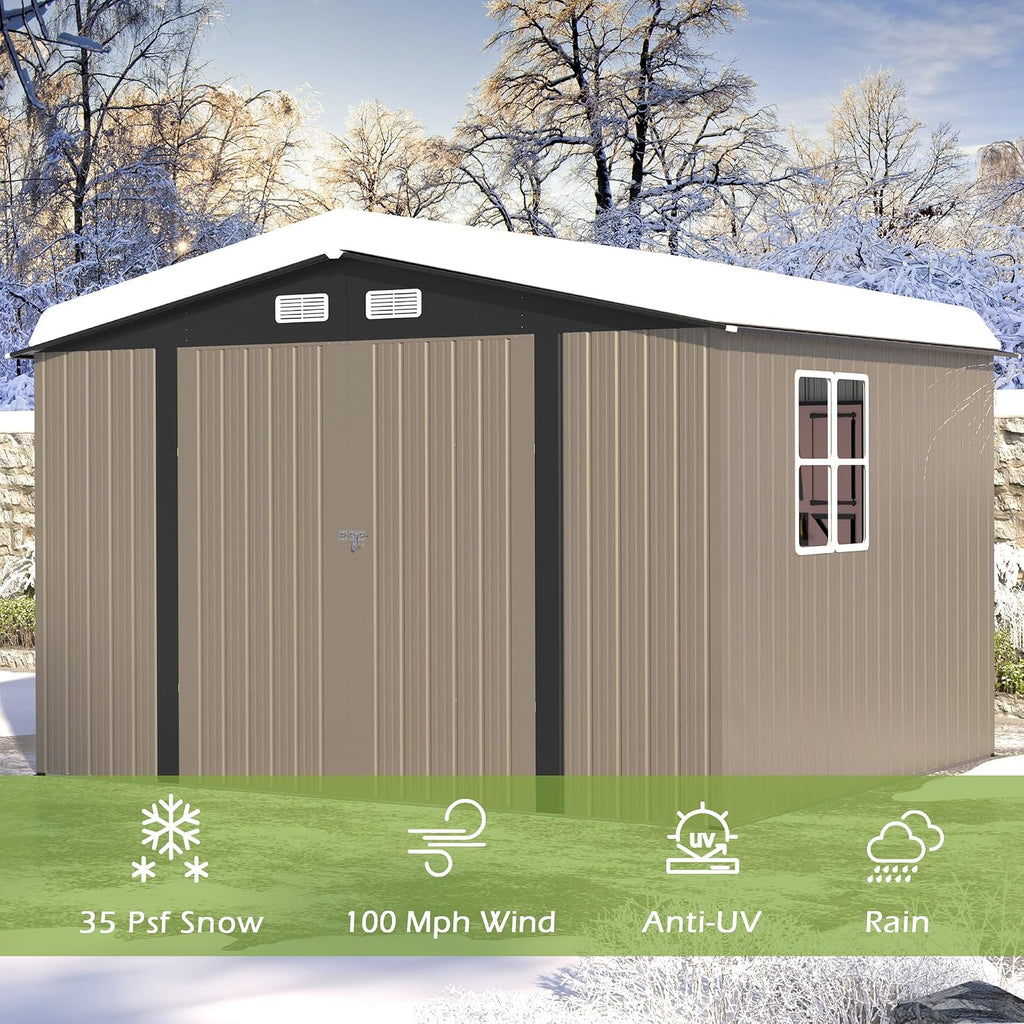 8×10 FT Metal Tool Storage Shed with Window, Weather Resistant Outdoor Storage Shed with Lockable Double Doors for Backyard, Patio Lawn, Garden