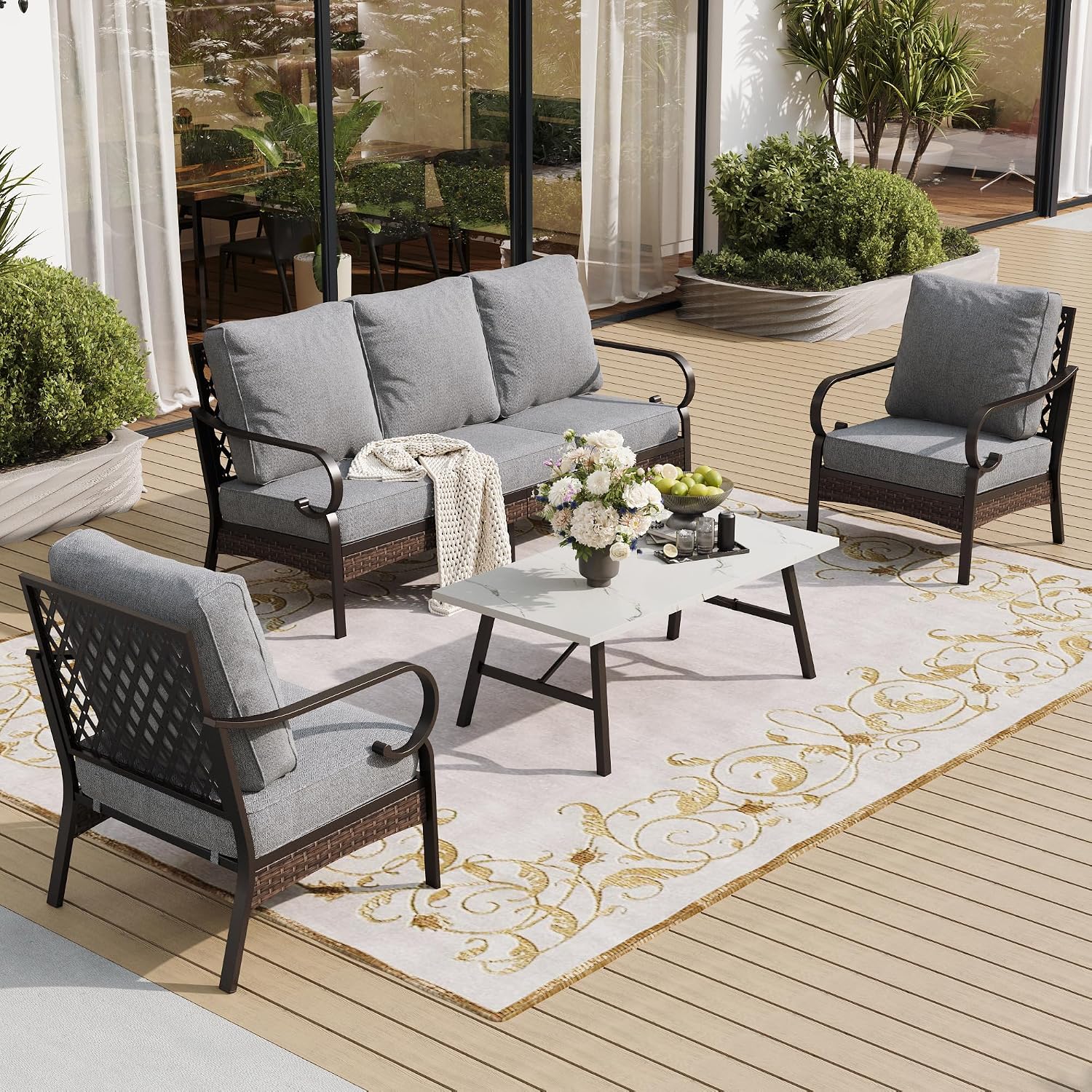 SUNSHINE VALLEY 4 Piece Metal Outdoor Patio Furniture Set, Patio Conversation Sets 1 3-Seater Sofa, 2 Chairs with 5.75' Extra Thick Cushion and Coffee Table, Black Frame Backyard Furniture, Gray