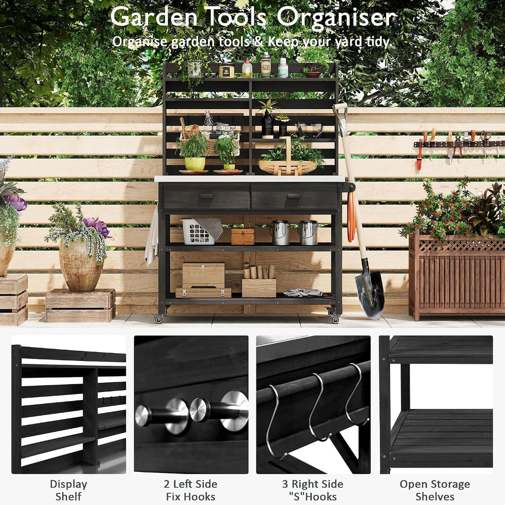 Outdoor Potting Bench Table on Wheels, Solid Wood Storage Island Gardening Workbench with Upper Hutch, Stainless Steel Top, Towel Rack for Outside Garden, Patio, Greenhouse, Black