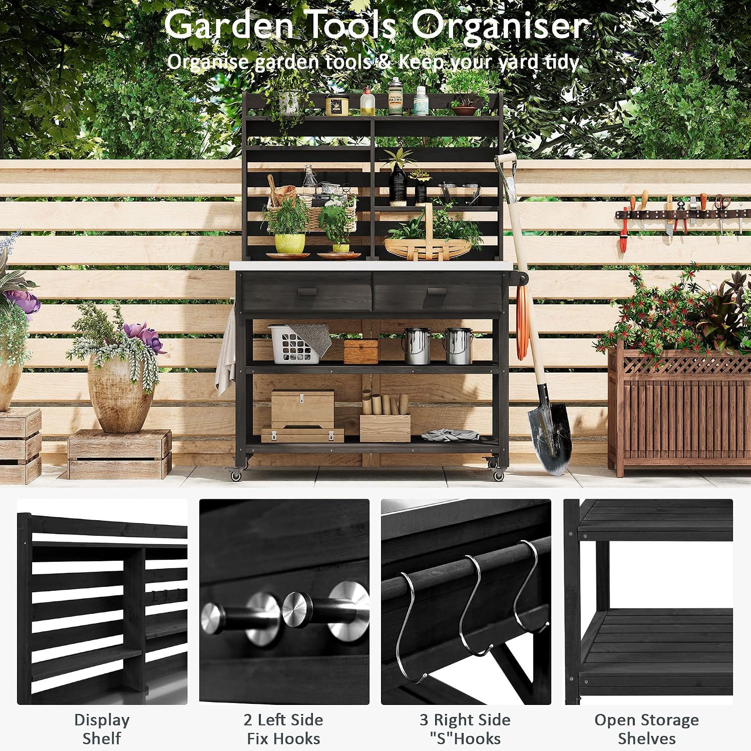 Outdoor Potting Bench Table with Lockable Wheels, Solid Wood Outdoor Kitchen Island with Upper Hutch, Stainless Steel Top, Storage for Grilling, Lawn & Garden
