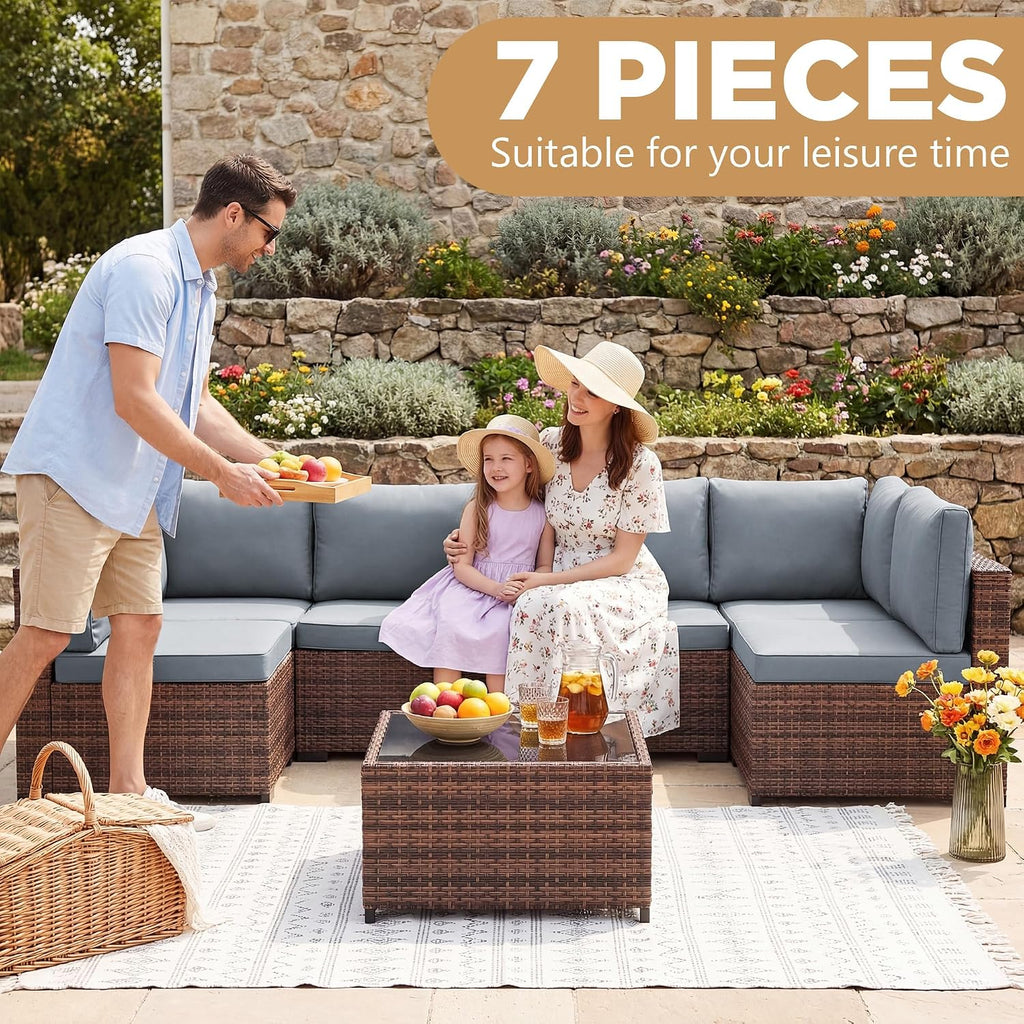LHBcraft 7 Pieces Outdoor Wicker Rattan Patio Furniture with Rain Cover, Wicker Rattan Outdoor Sectional Sofa Set with Coffee Table & Blue Cushions for Garden, Poolside