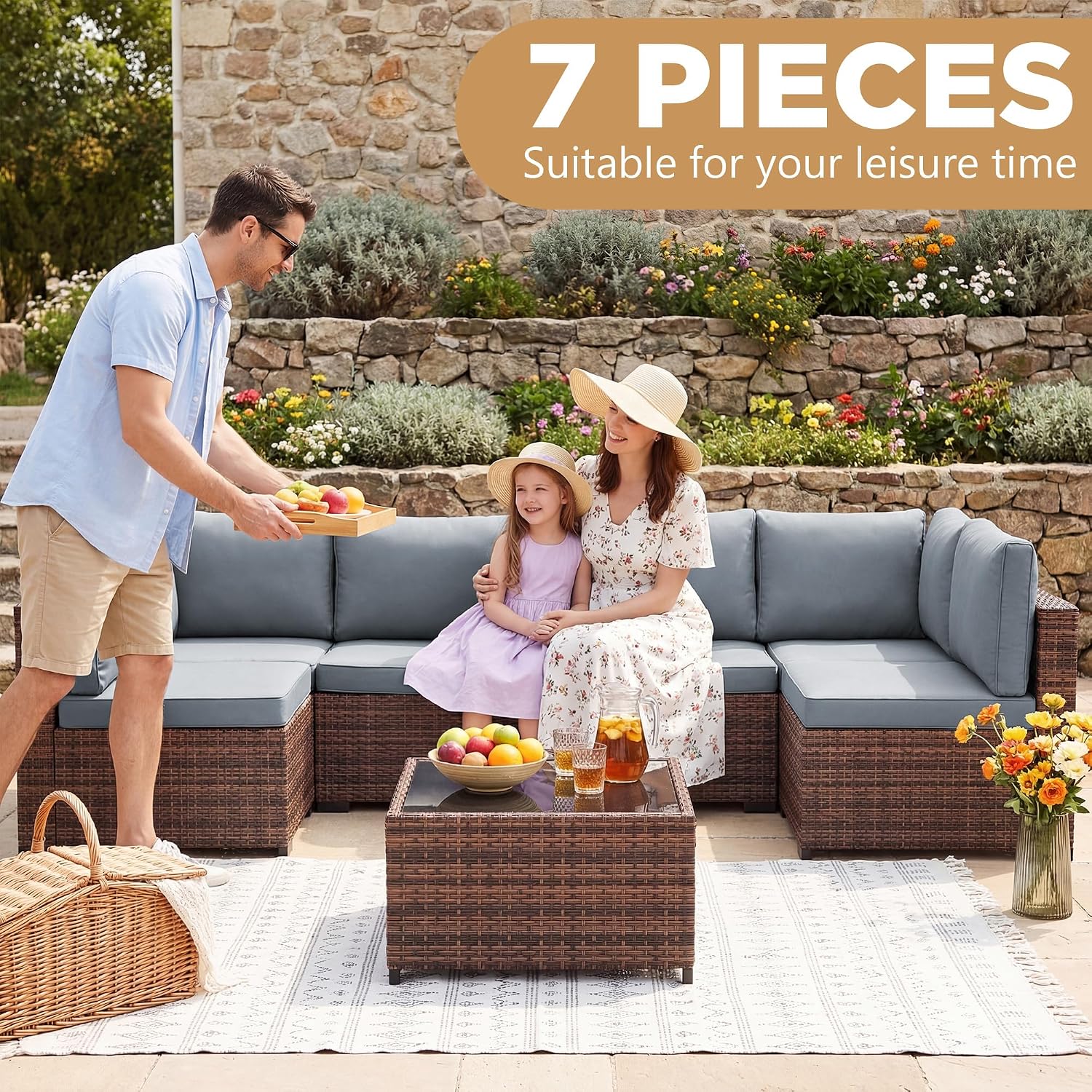 LHBcraft Patio Furniture Set,7 Pieces Outdoor Wicker Rattan Patio Furniture with Rain Cover, Wicker Rattan Outdoor Sectional Sofa Set with Coffee Table for Garden, Taupe-Blue