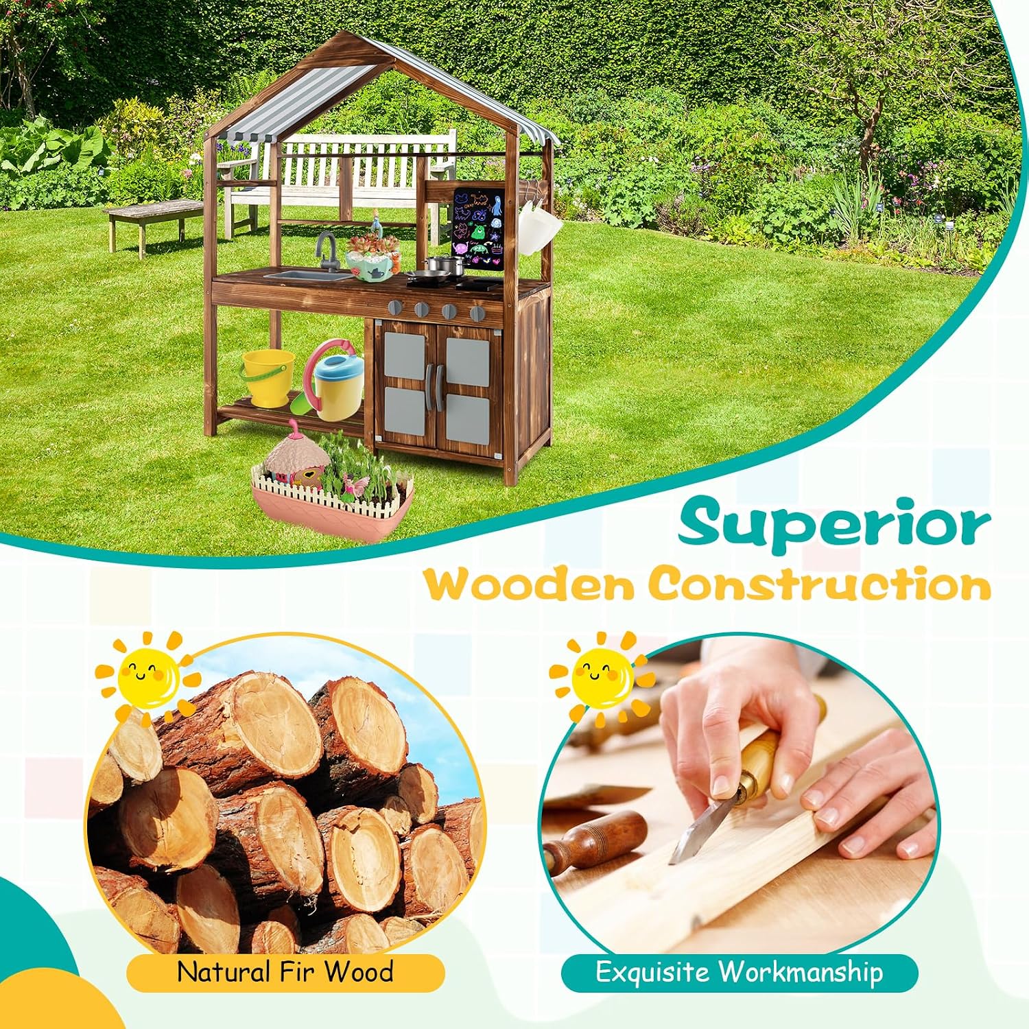 Costzon Mud Kitchen for Kids Outdoor, Wooden Pretend Play Kitchen w/Canopy, Chalkboard, Stove, Removable Sink, Cooking Accessories & Storage, Montessori Toy for Preschool, Backyard, Garden (3+ Years)